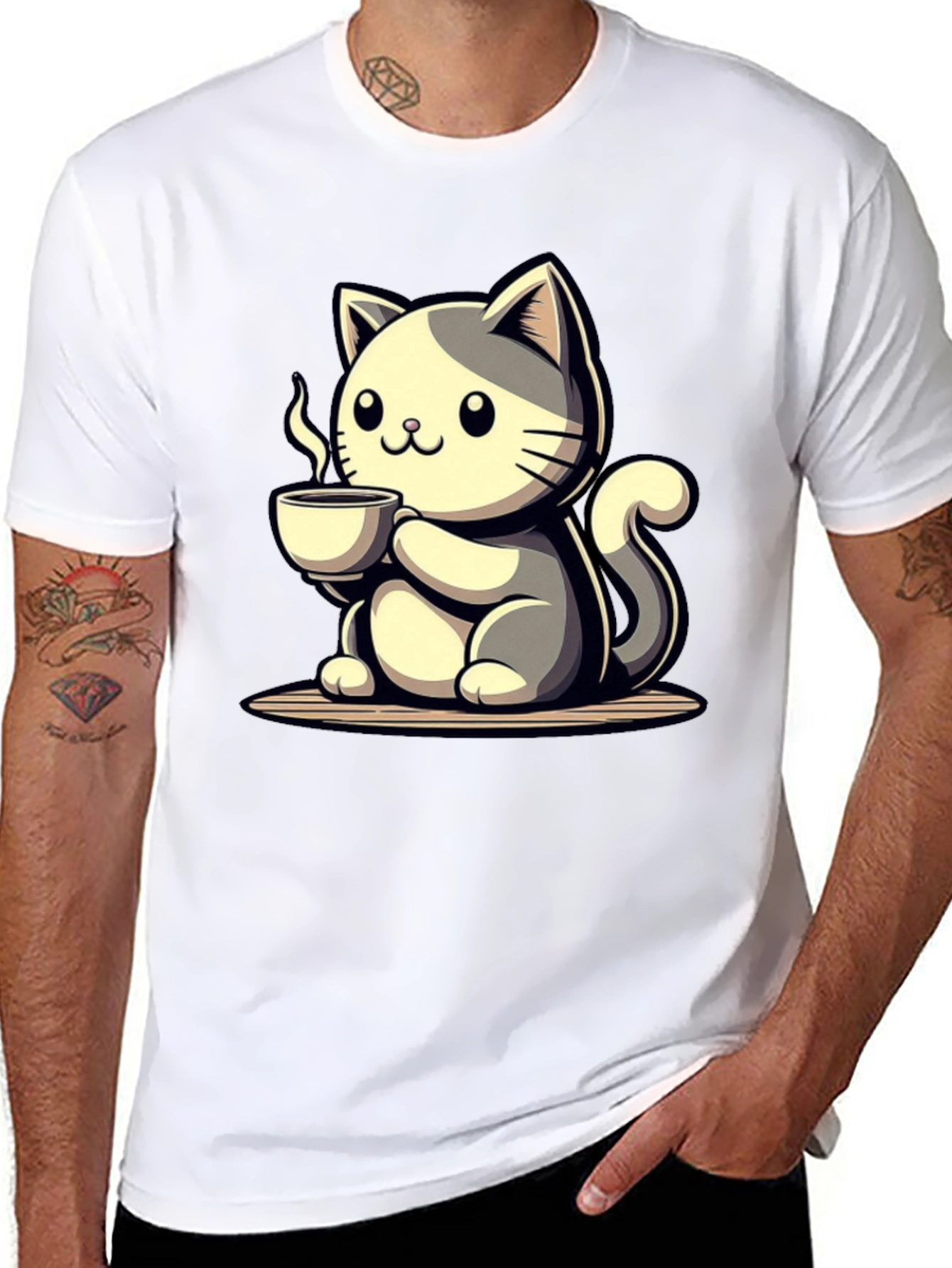 Cute Cat Drinking Coffee Graphic Tee