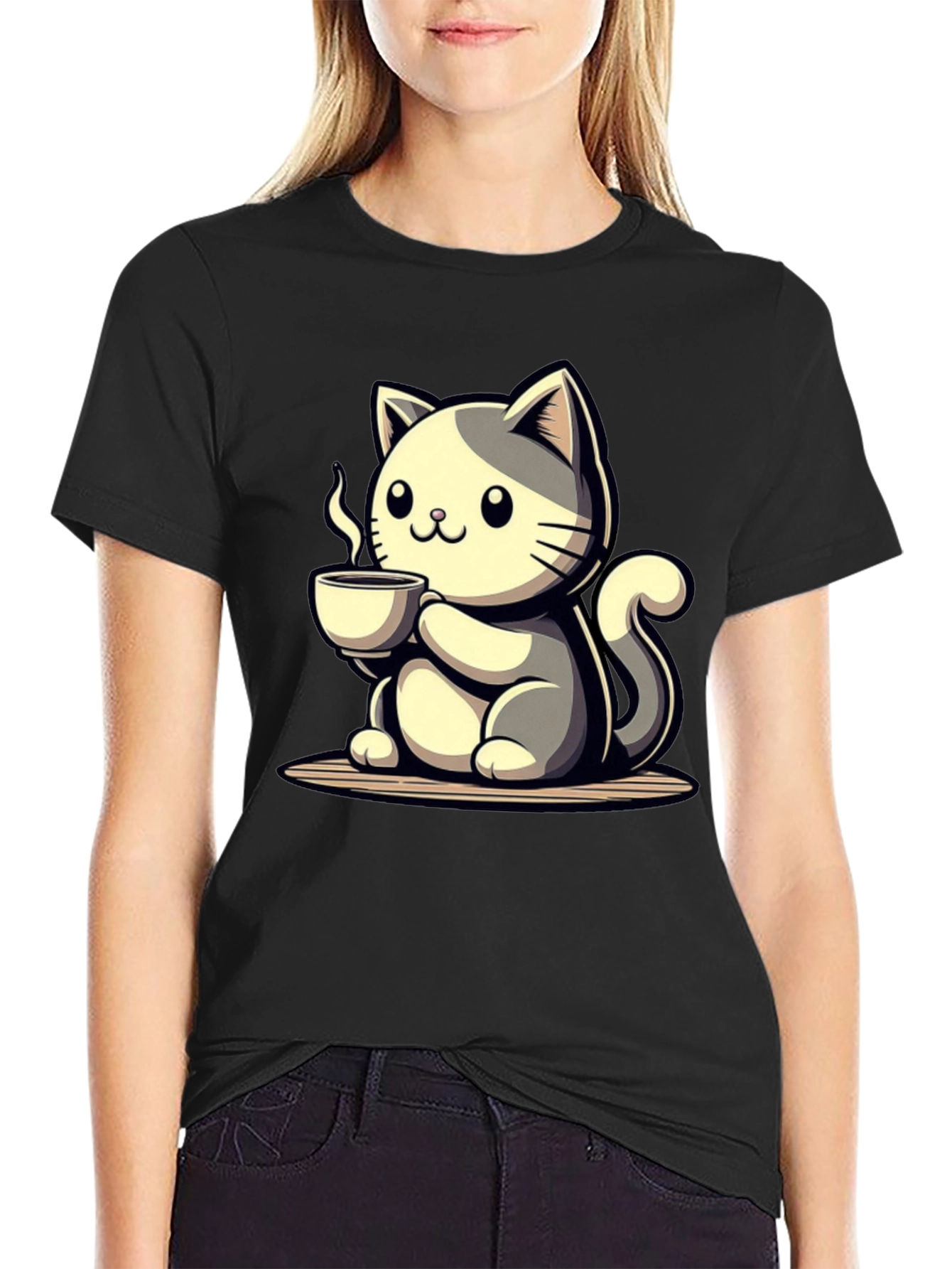 Cute Cat Drinking Coffee Graphic Tee