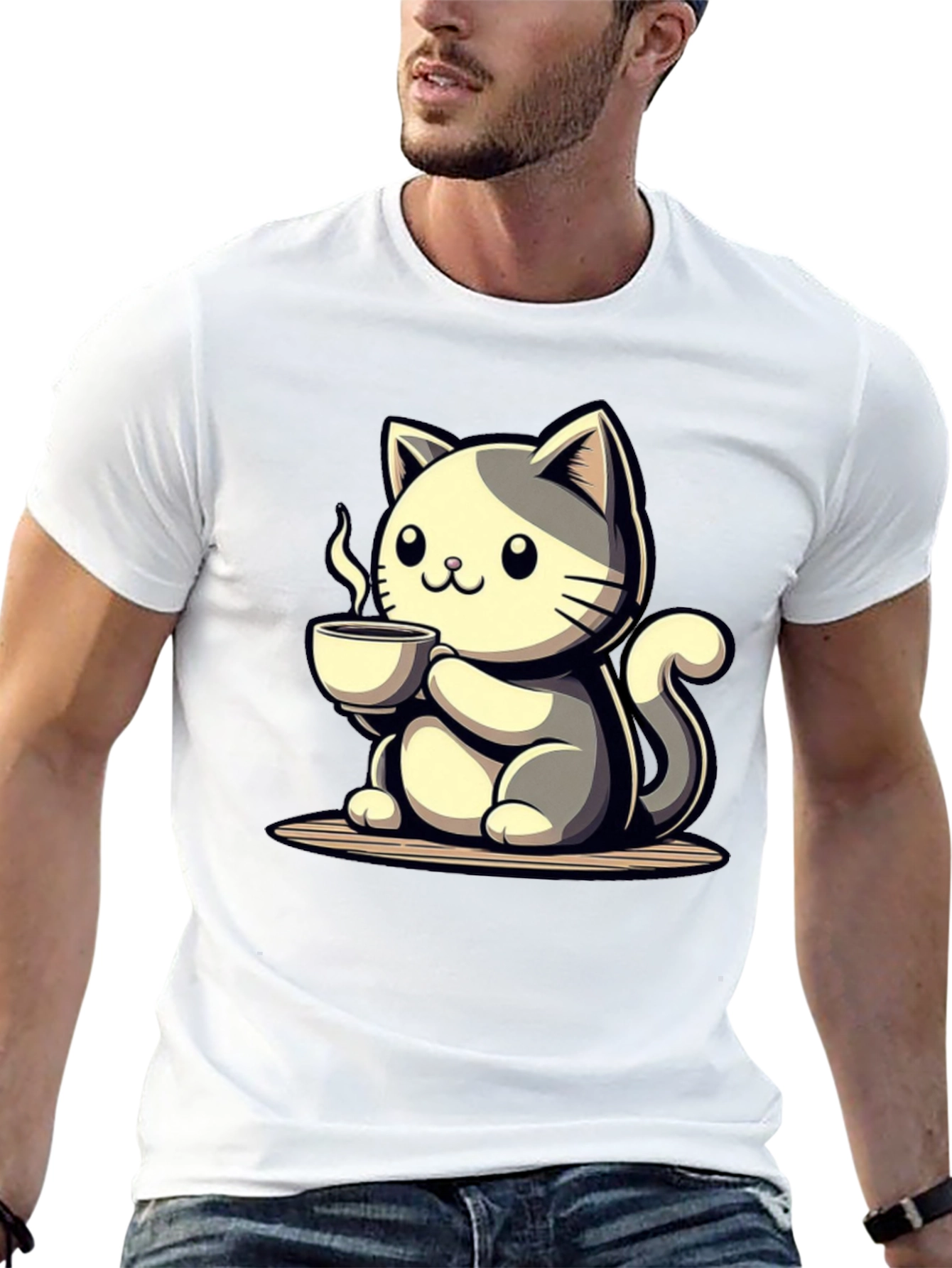 Cute Cat Drinking Coffee Graphic Tee