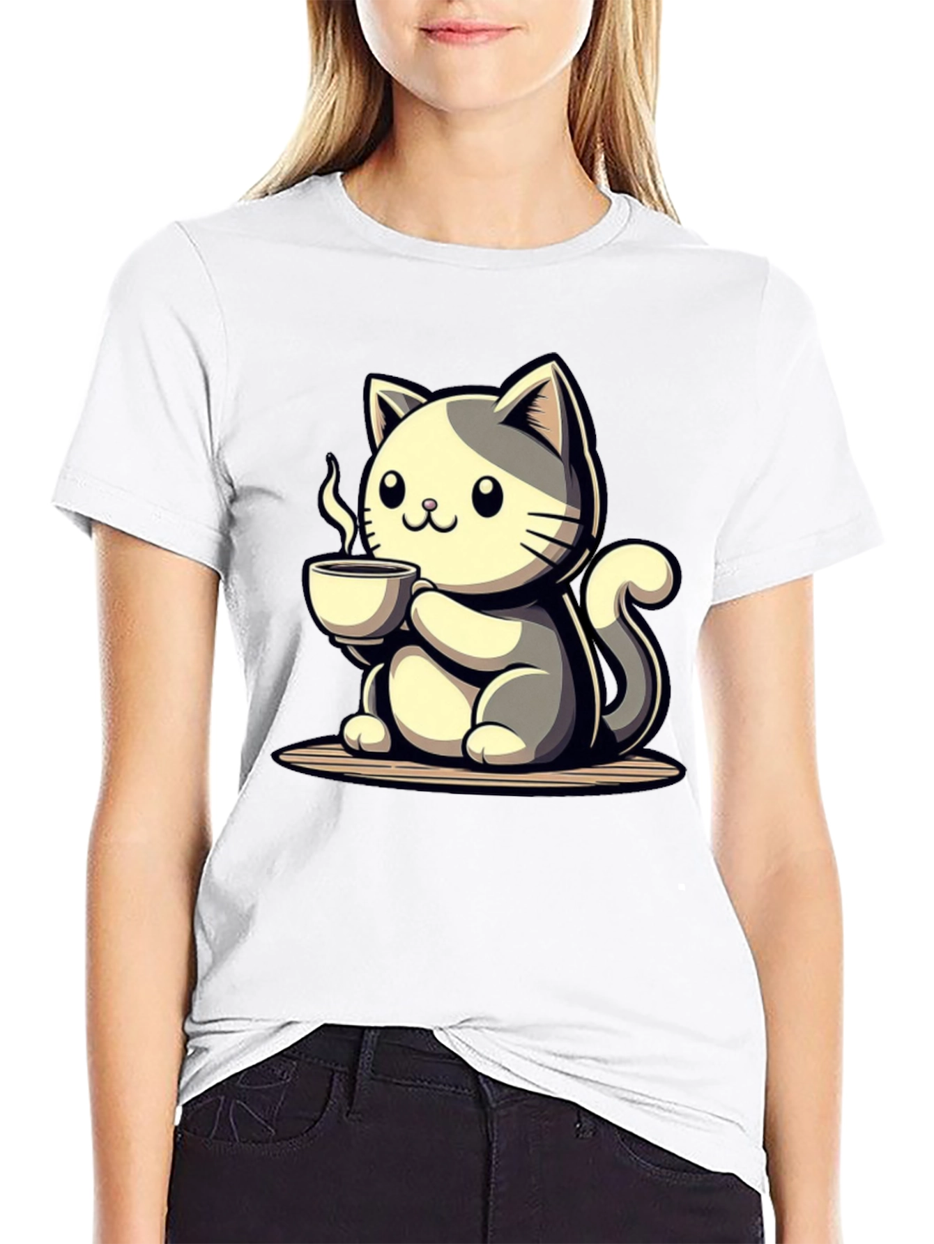 Cute Cat Drinking Coffee Graphic Tee