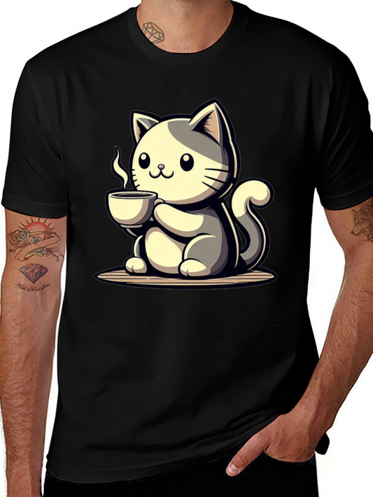 Cute Cat Drinking Coffee Graphic Tee