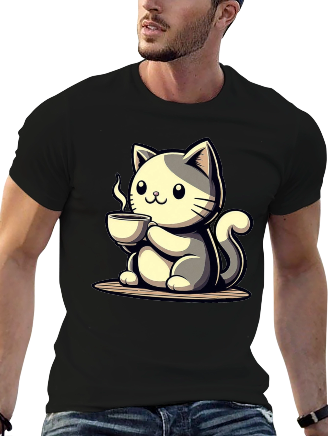 Cute Cat Drinking Coffee Graphic Tee