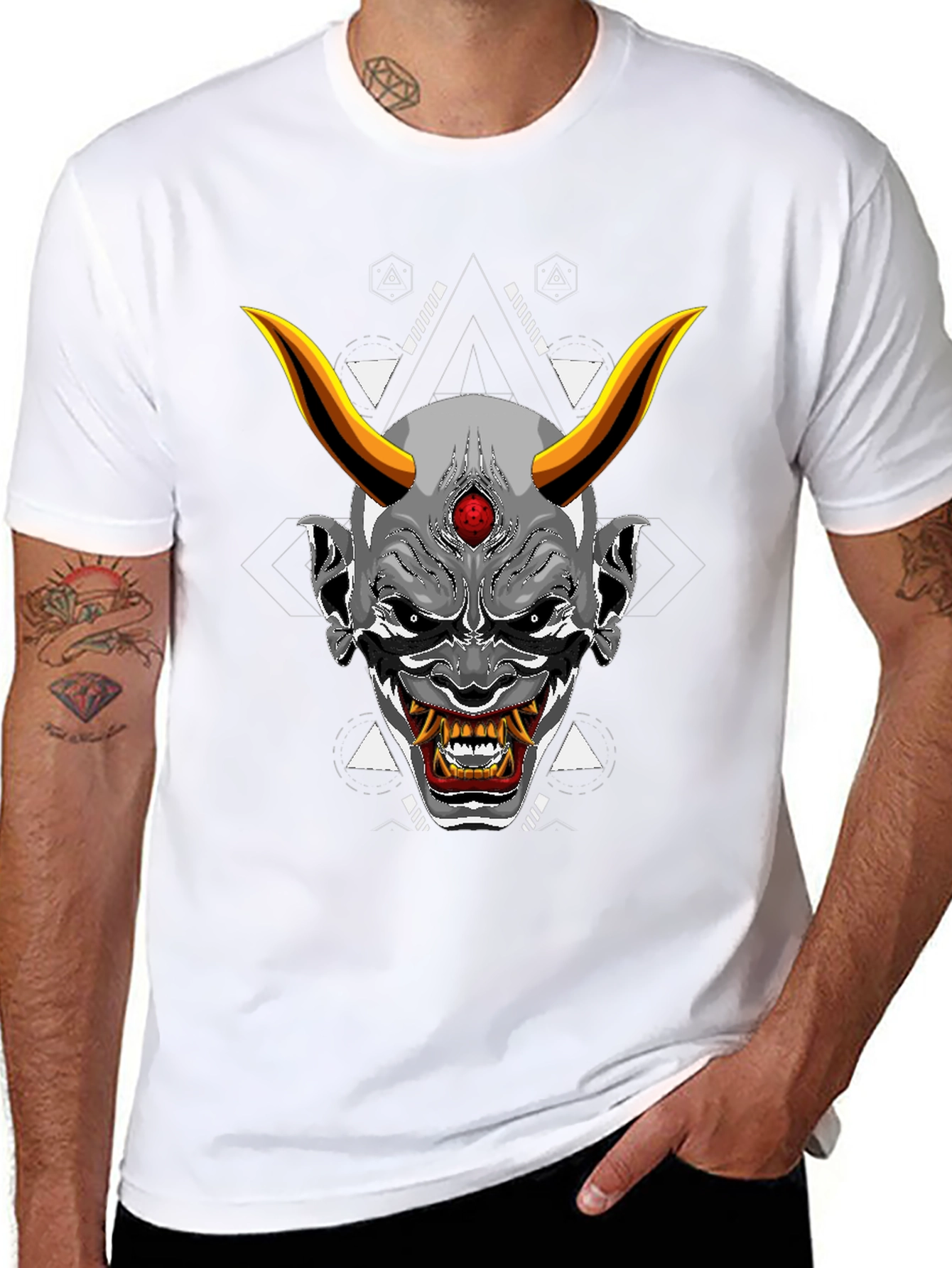 Black T-Shirt with Japanese Oni Mask Graphic
