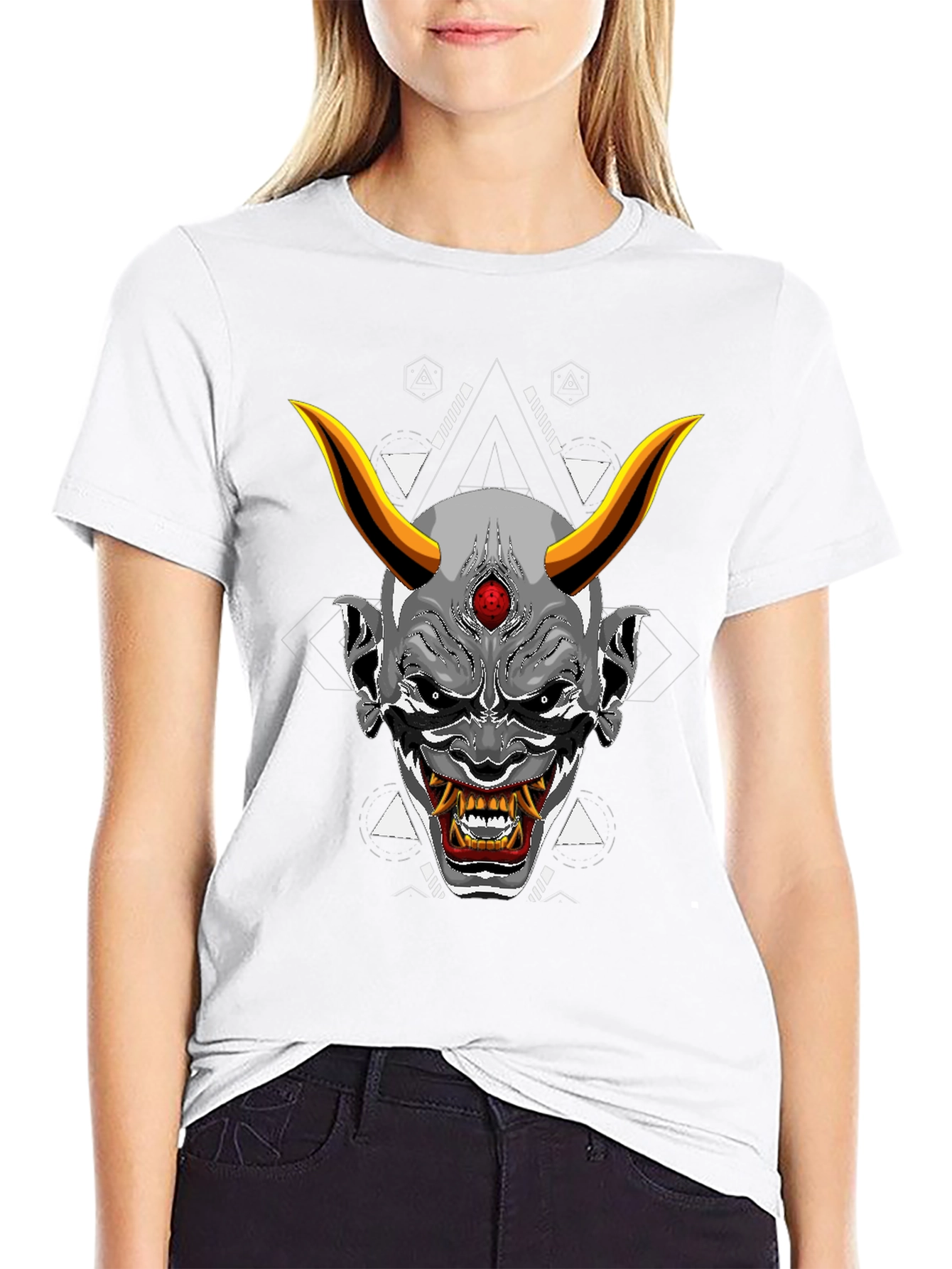 Black T-Shirt with Japanese Oni Mask Graphic