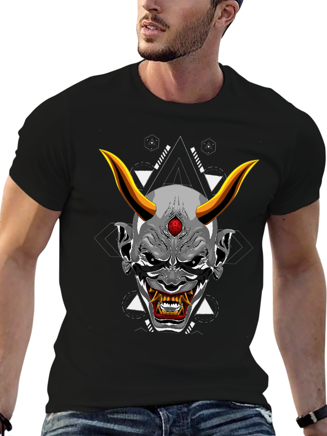 Black T-Shirt with Japanese Oni Mask Graphic