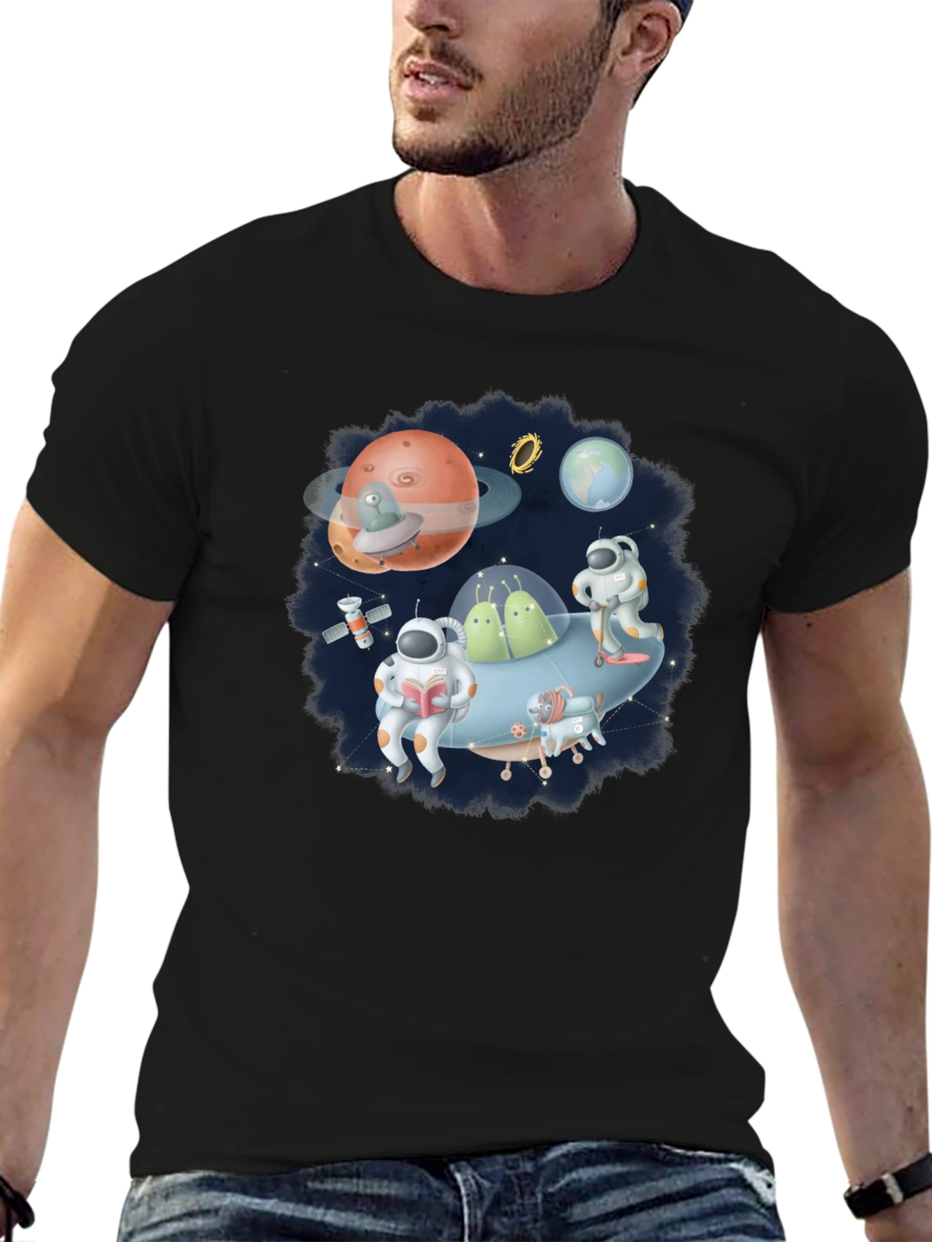 Cosmic Crew Graphic Tee - Black Cotton Blend