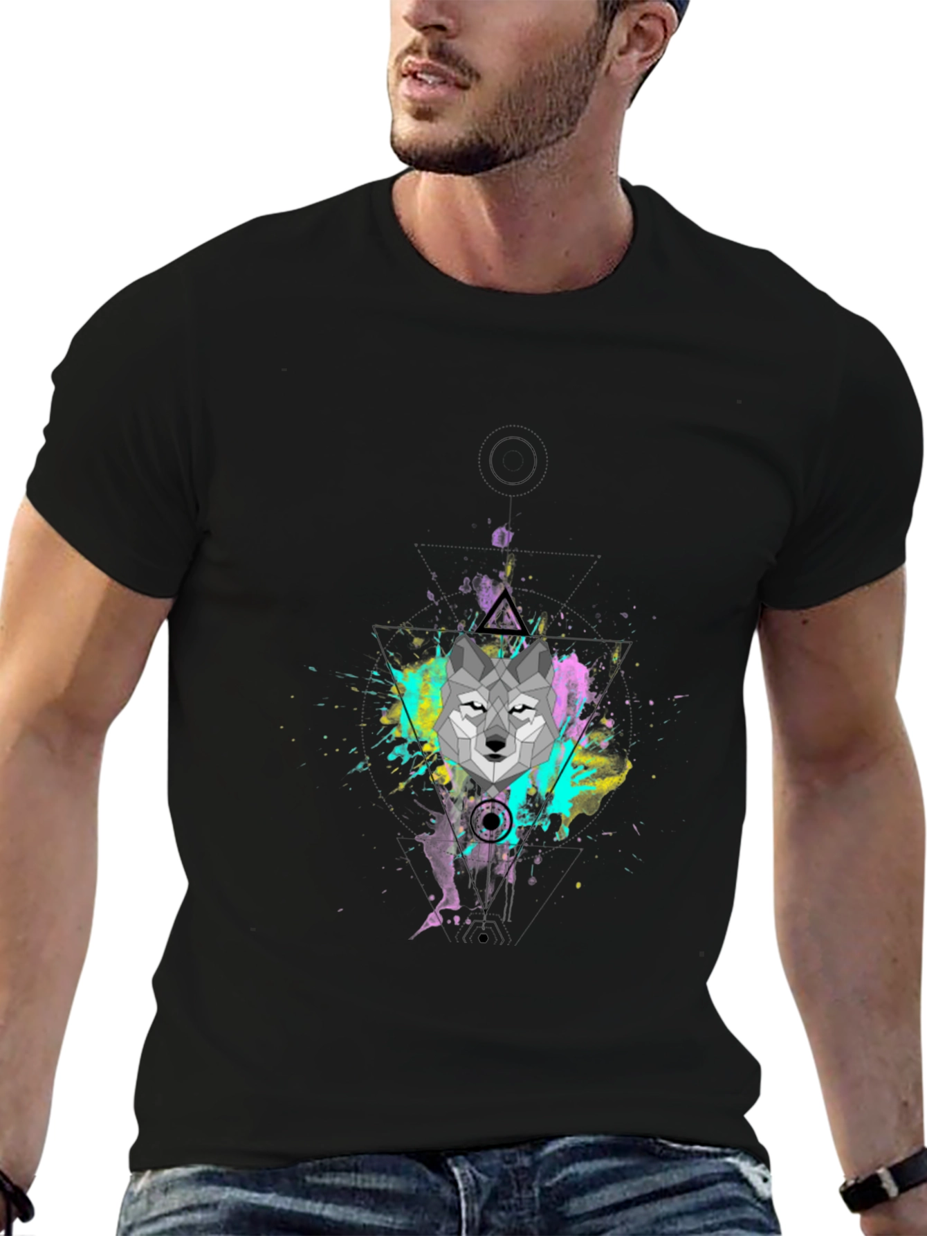 Geometric Wolf Graphic Black T-Shirt