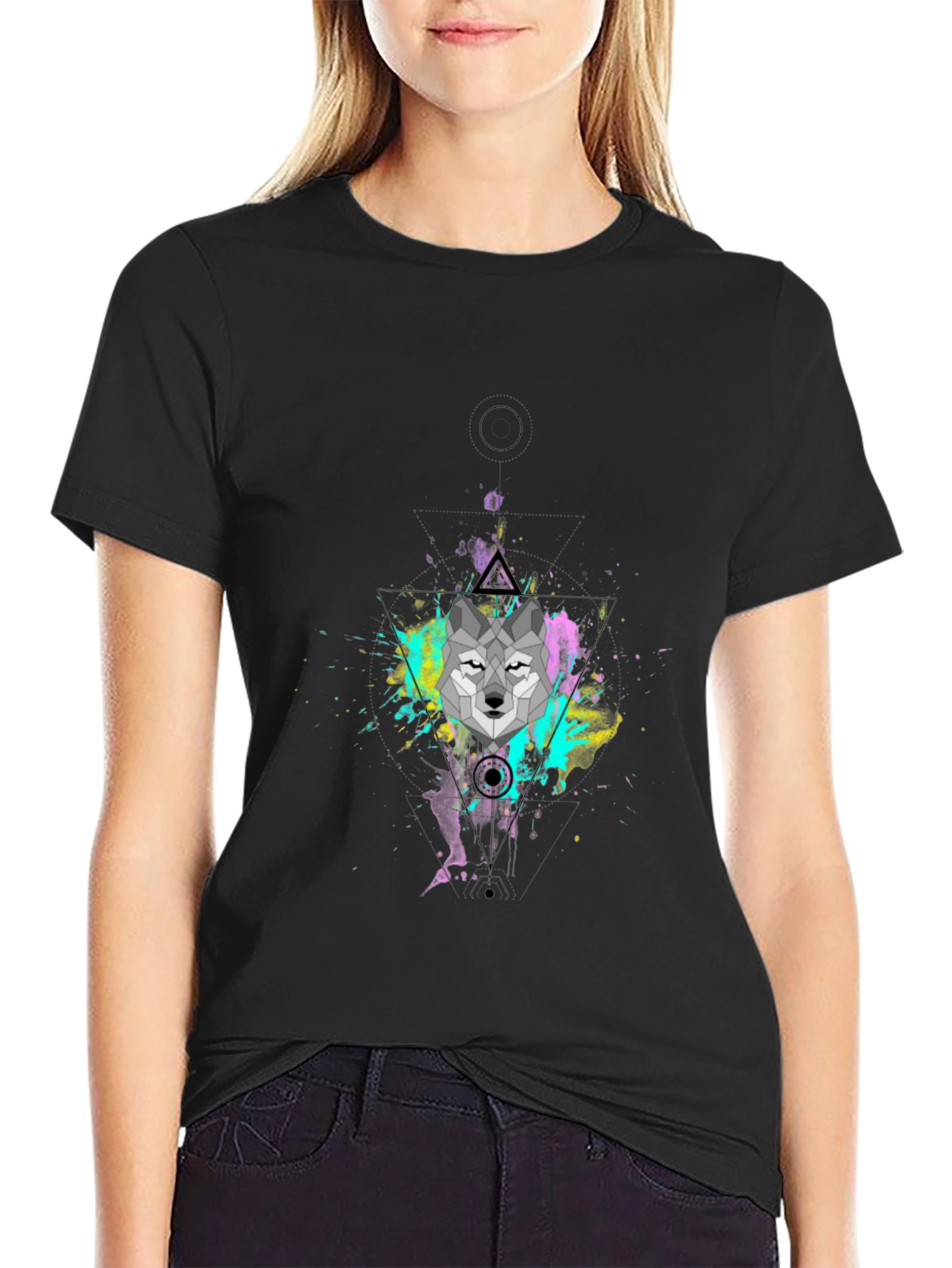 Geometric Wolf Graphic Black T-Shirt