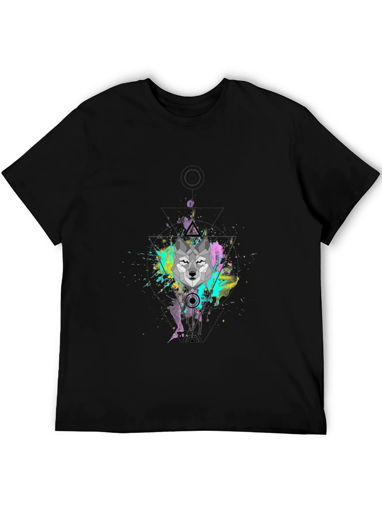 Geometric Wolf Graphic Black T-Shirt
