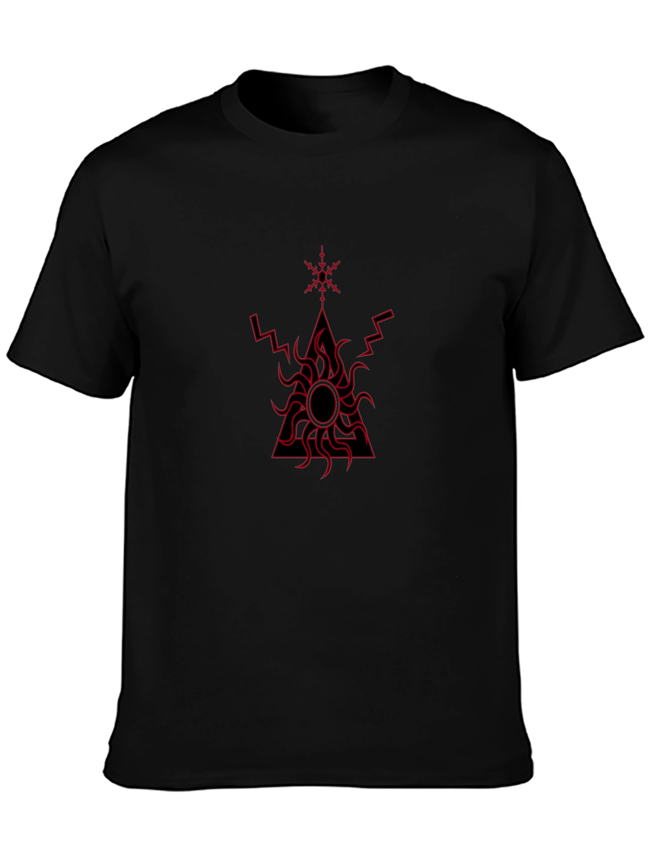 Black T-Shirt with Red Geometric Sun Design