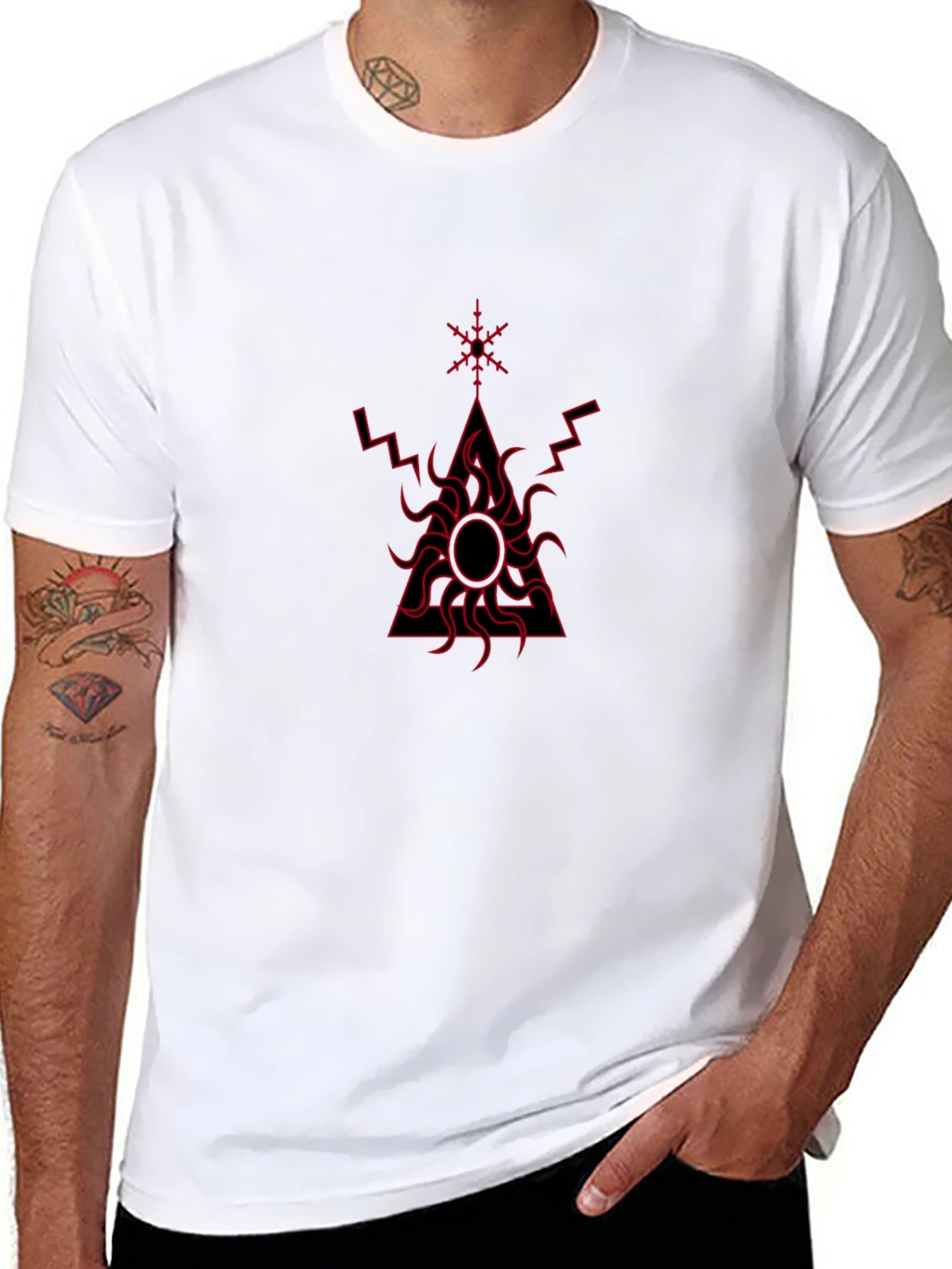 Black T-Shirt with Red Geometric Sun Design