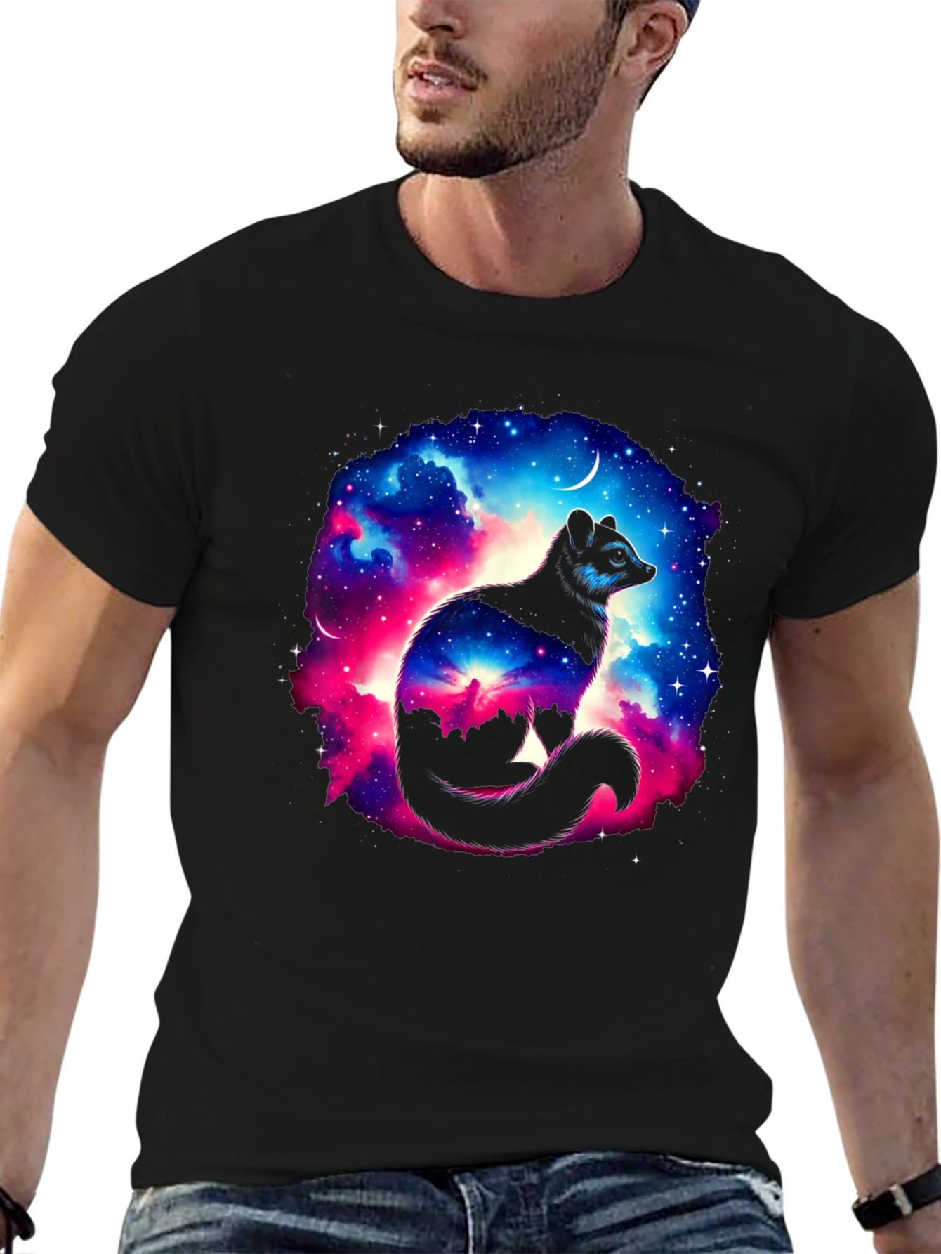 Cosmic Raccoon Graphic Tee - Black Cotton Blend