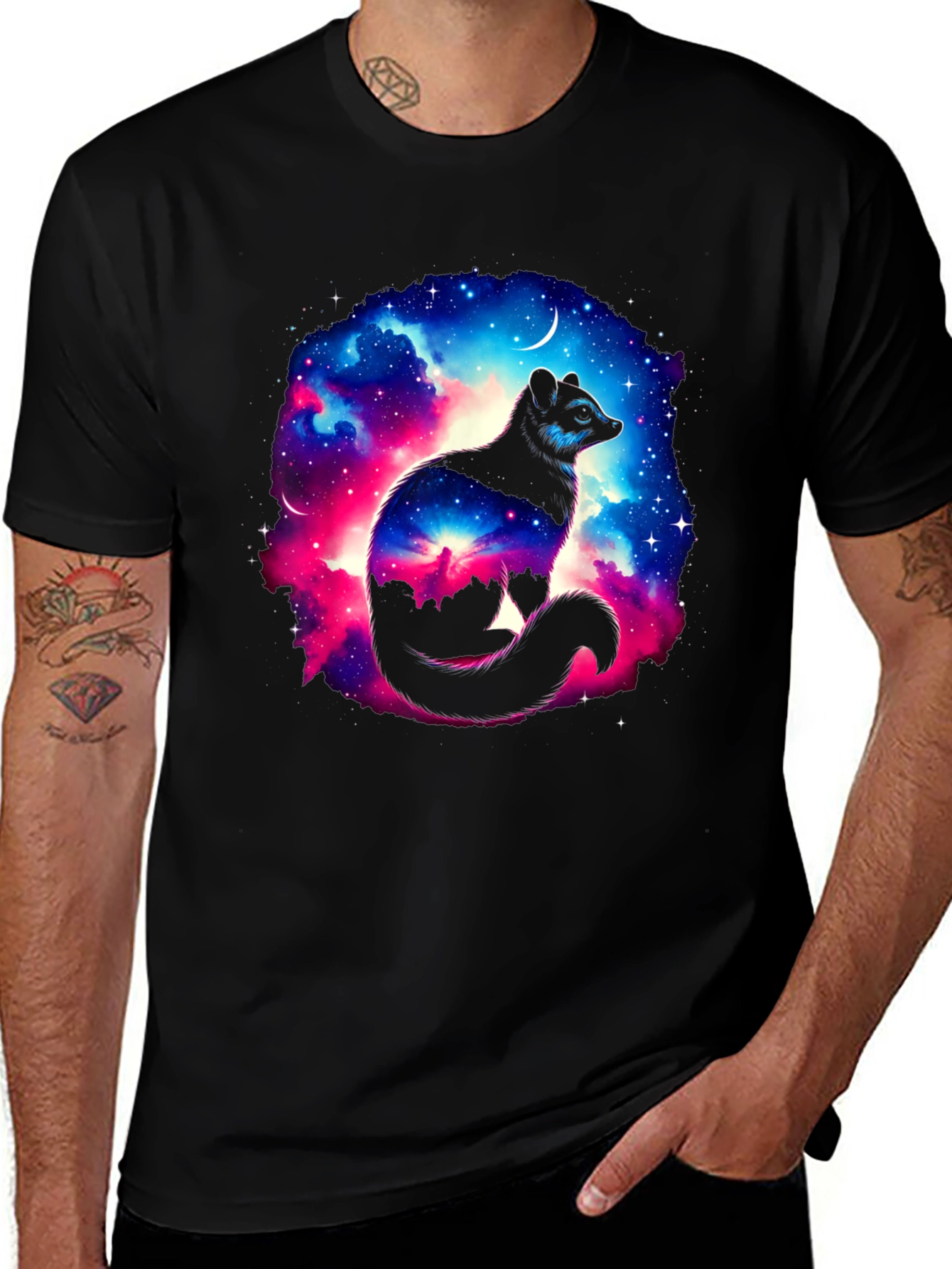 Cosmic Raccoon Graphic Tee - Black Cotton Blend