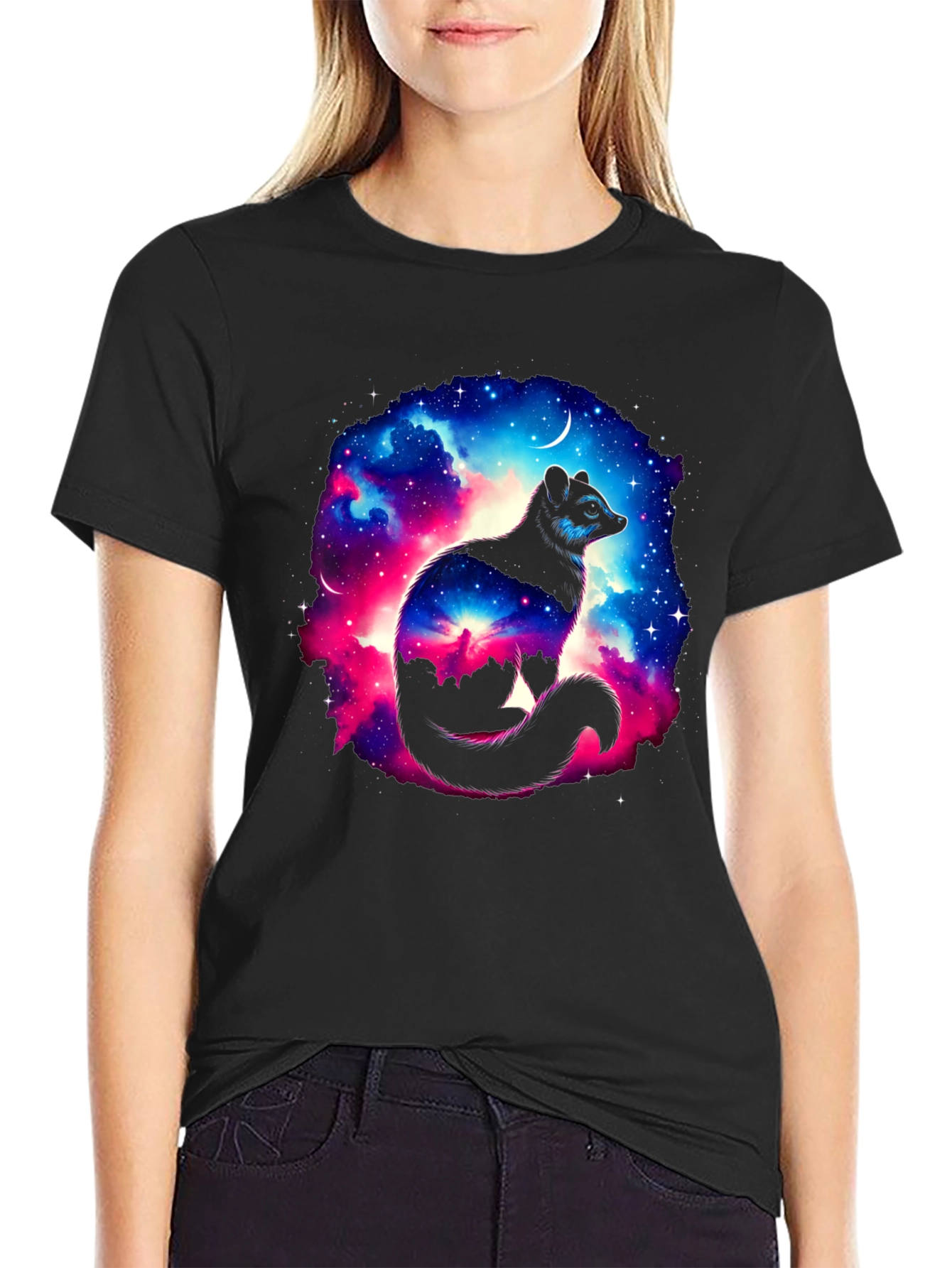 Cosmic Raccoon Graphic Tee - Black Cotton Blend