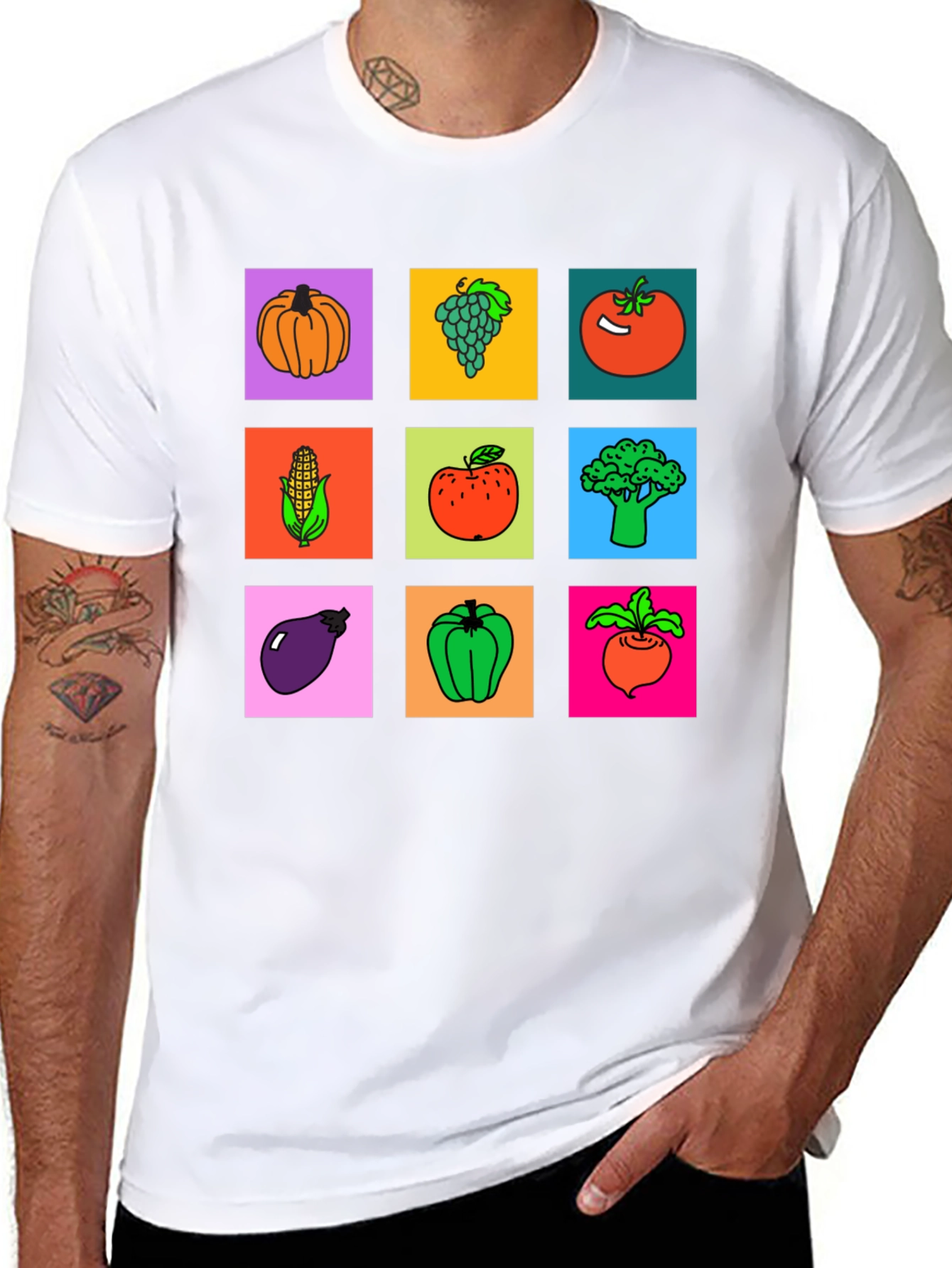 Vibrant Vegetable & Fruit Graphic Print T-Shirt