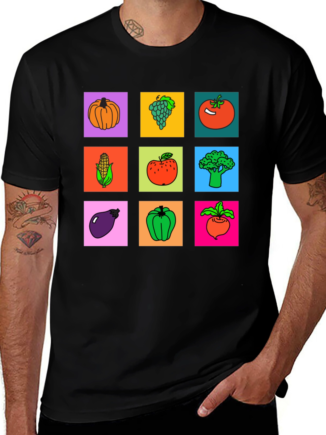 Vibrant Vegetable & Fruit Graphic Print T-Shirt