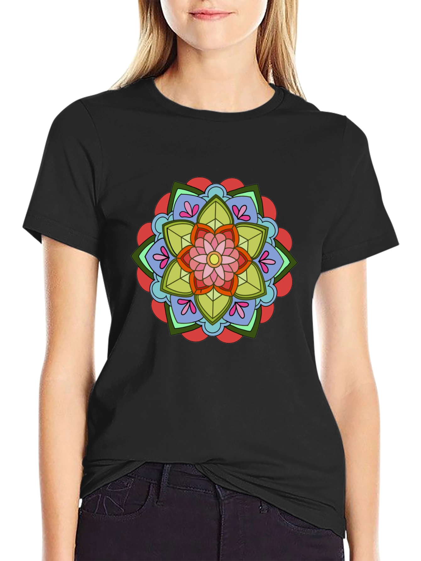 Floral Mandala Graphic Tee - Black Cotton T-Shirt