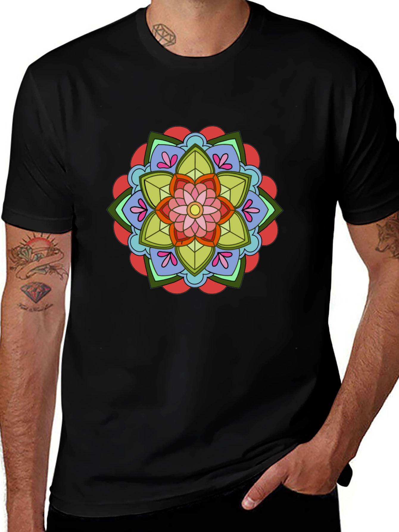 Floral Mandala Graphic Tee - Black Cotton T-Shirt