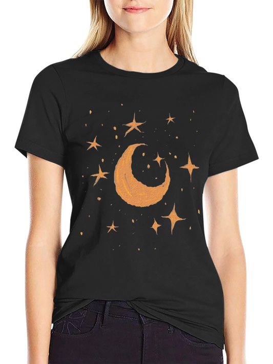 Moon and Stars Graphic Tee - Black Cotton Casual Shirt