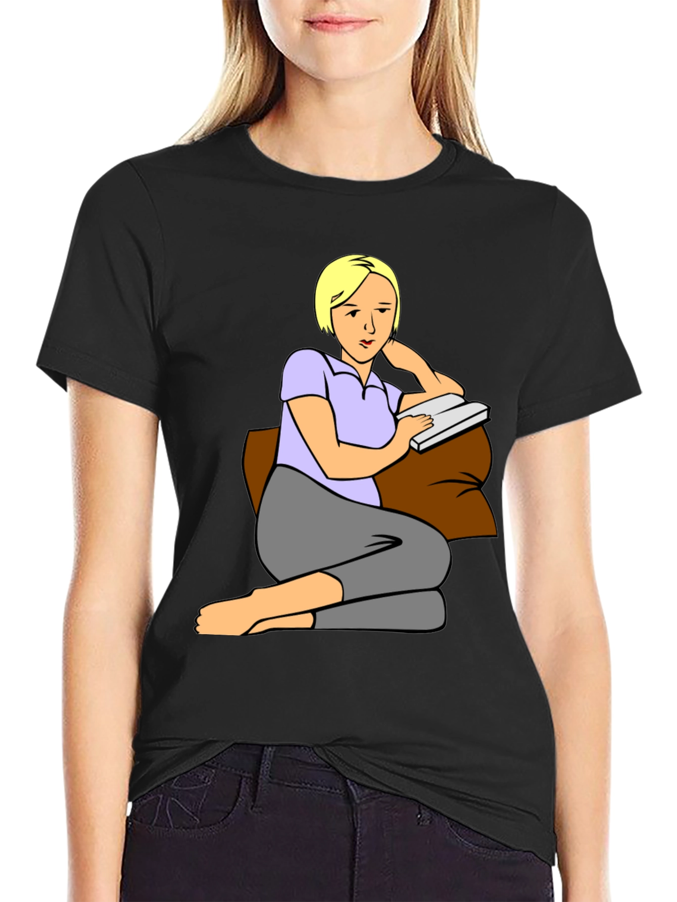 Woman Reading T-Shirt: Cartoon Graphic Tee