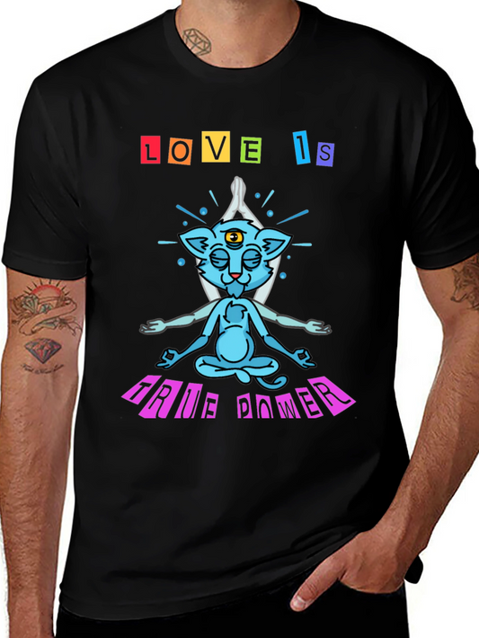 Love Is True Power Yoga Cat Graphic T-Shirt