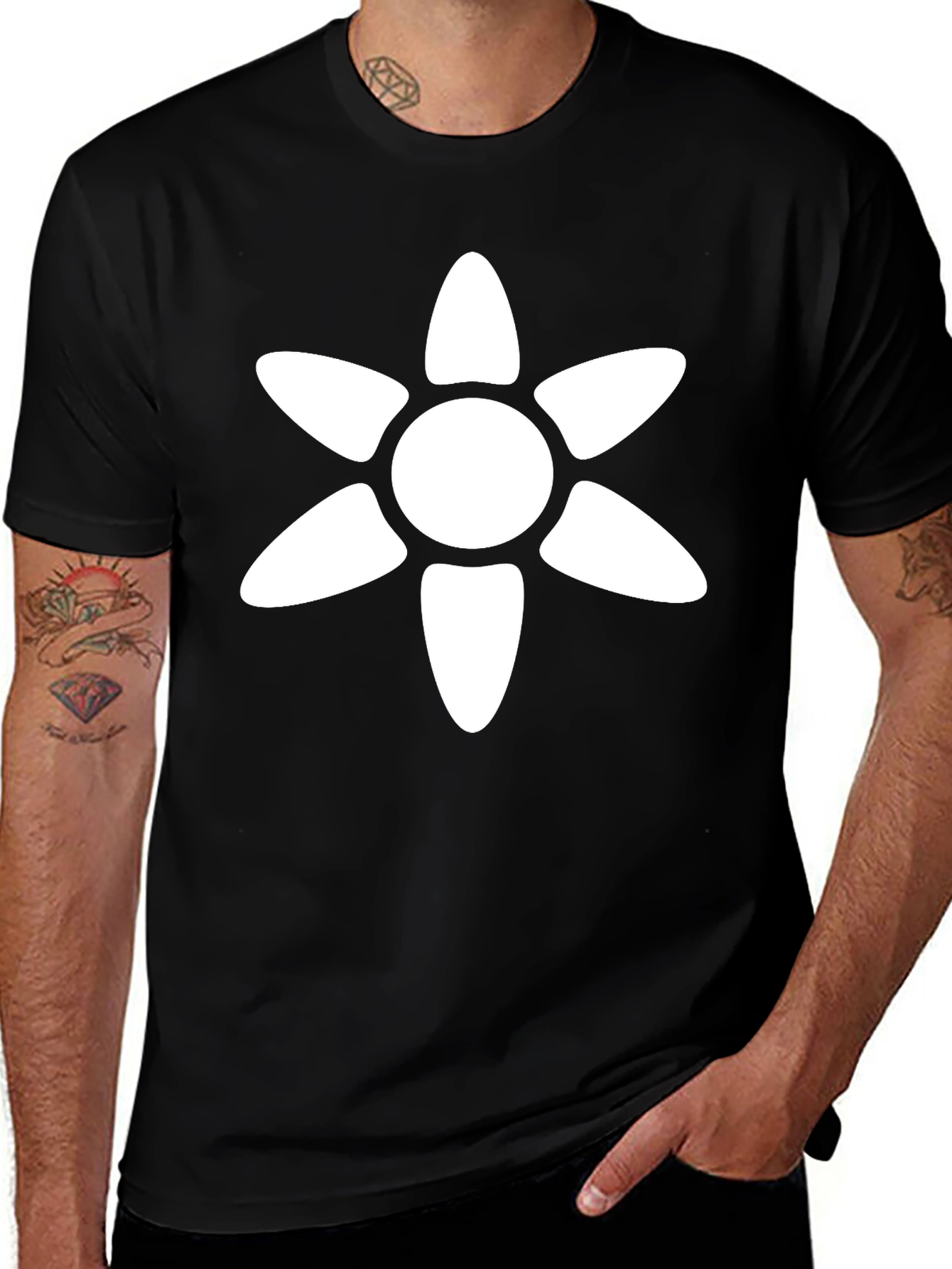 Black T-Shirt with White Flower Graphic