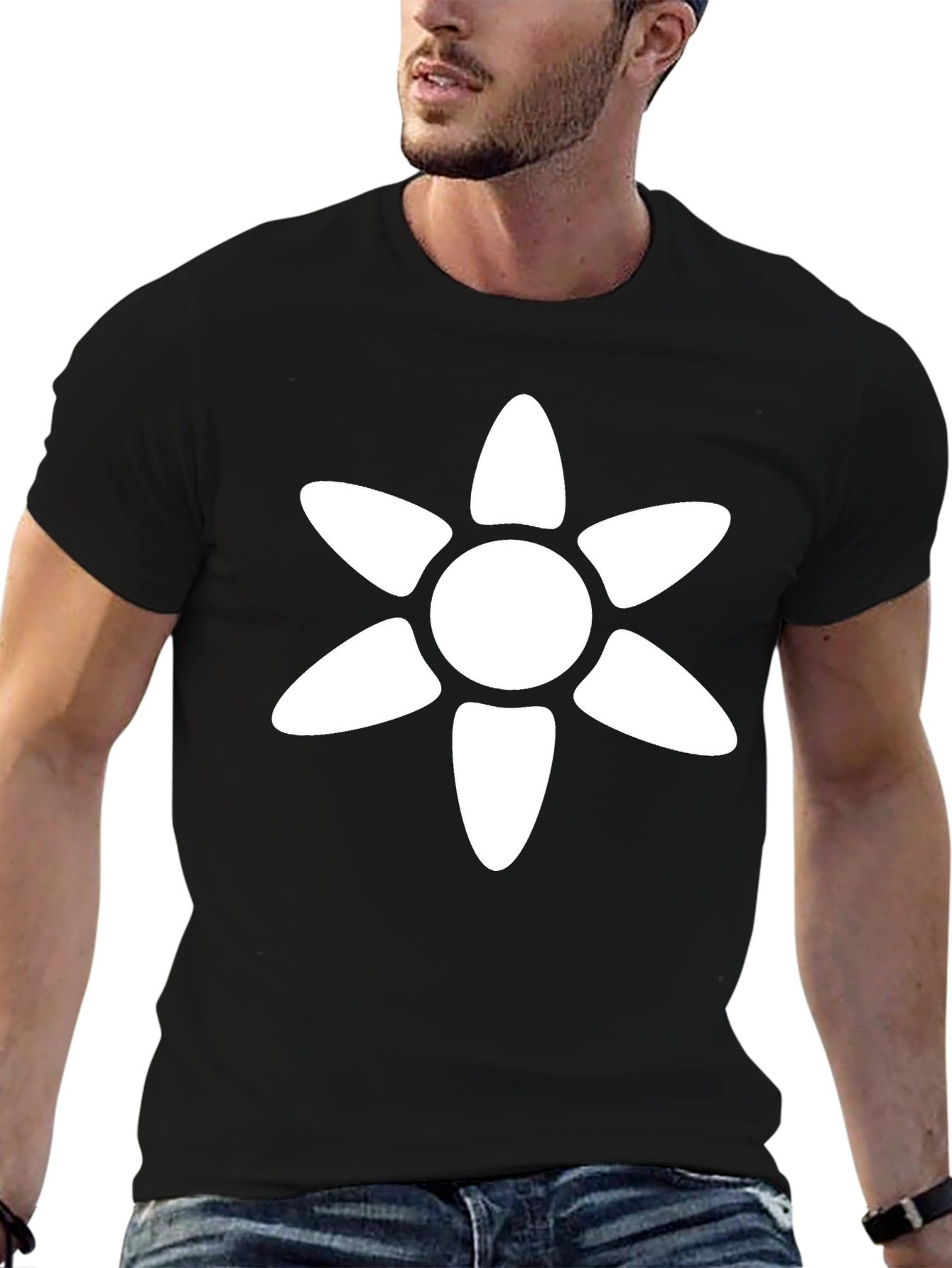 Black T-Shirt with White Flower Graphic