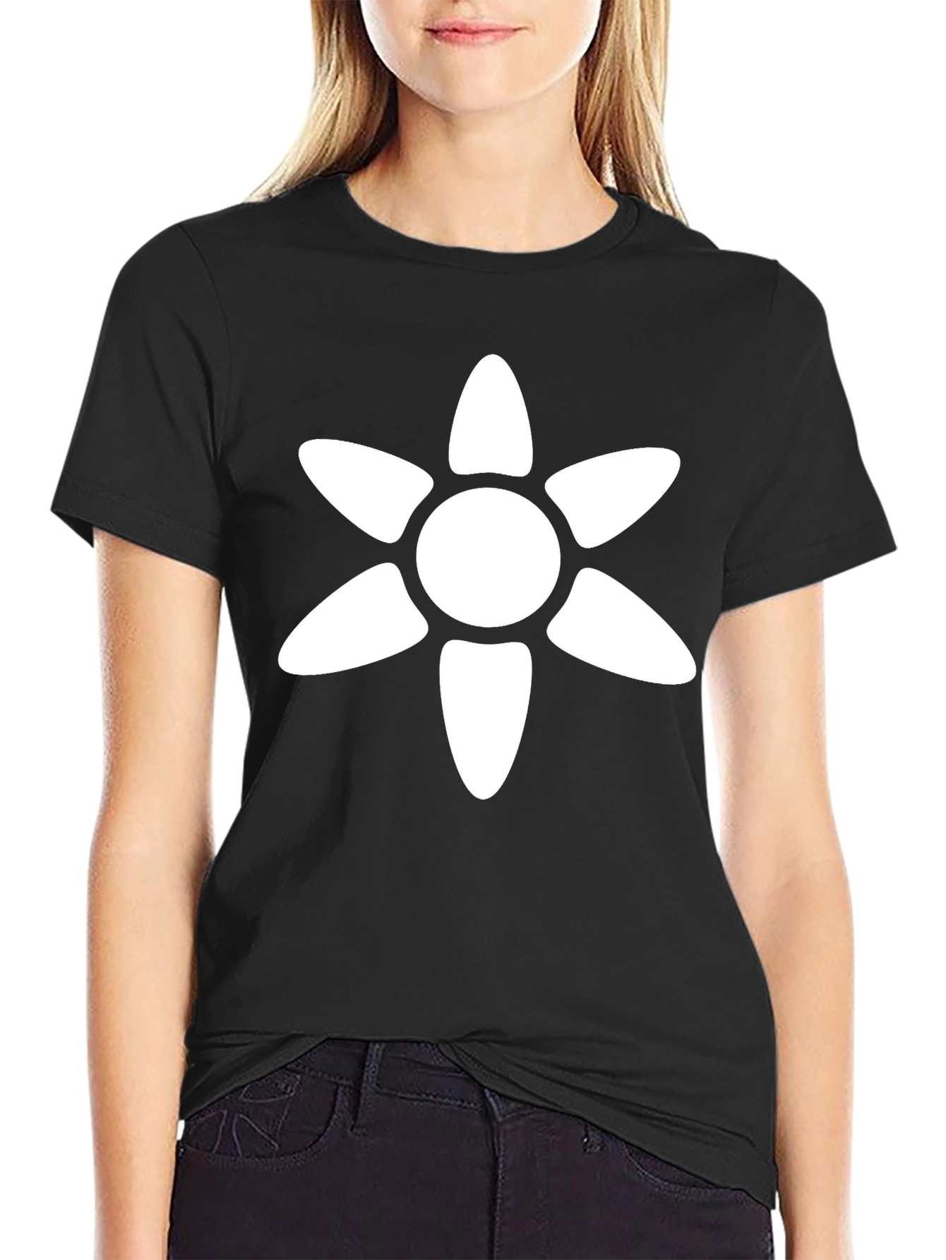 Black T-Shirt with White Flower Graphic