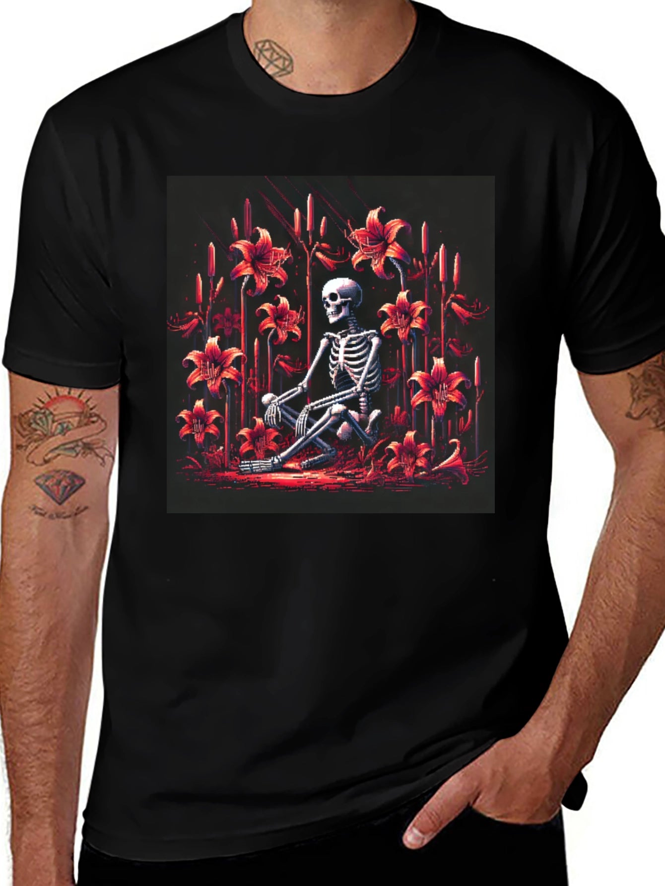 Skeleton in Floral Garden Graphic T-Shirt