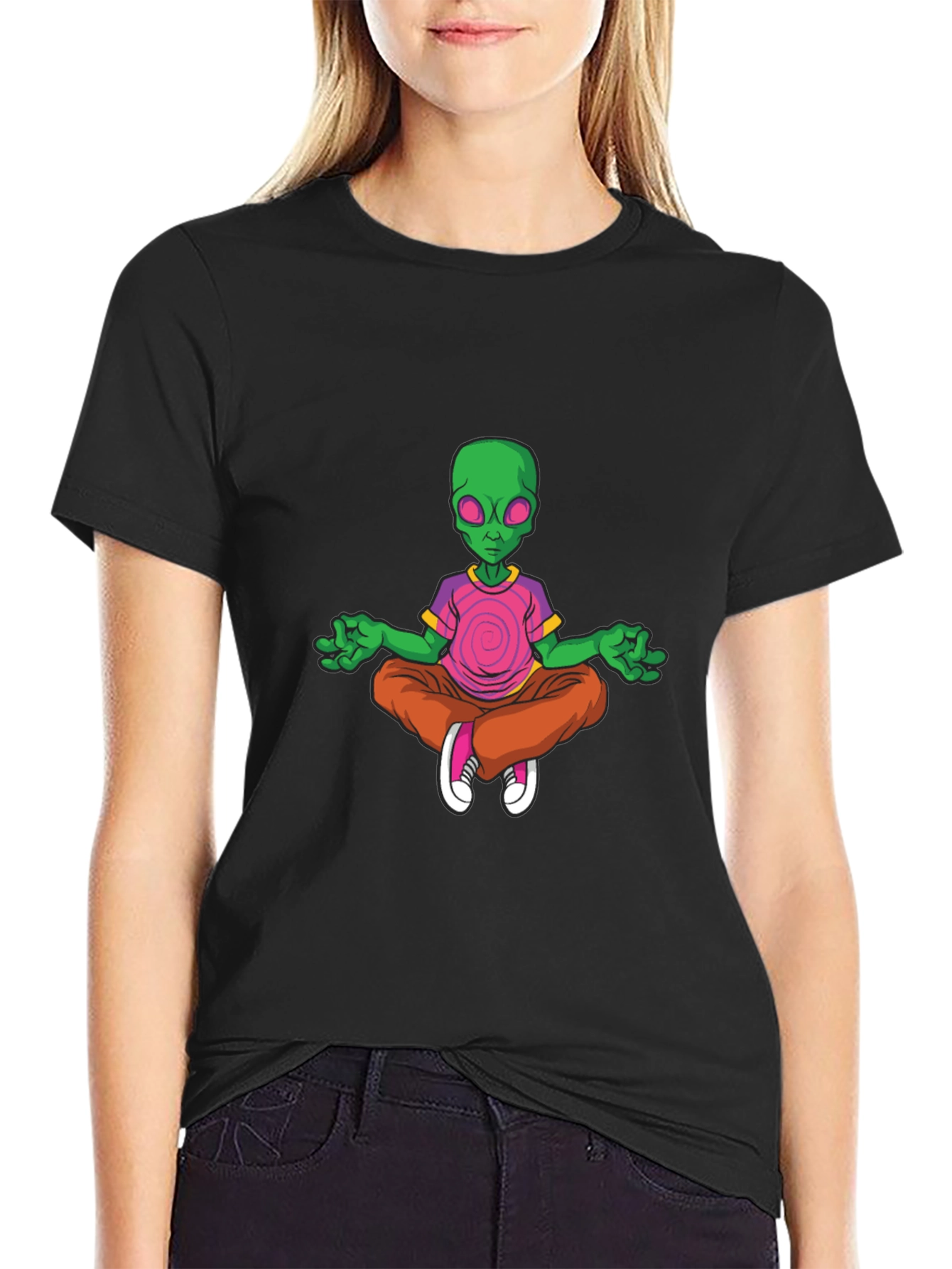 Meditating Alien Graphic Tee - Relaxed Fit Black