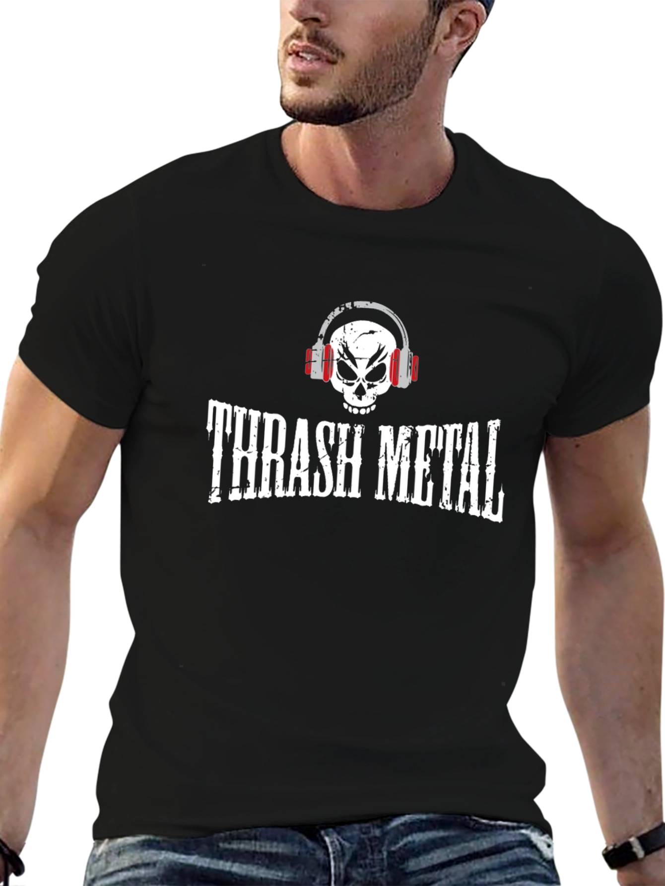 Thrash Metal Skull Headphones Graphic T-Shirt
