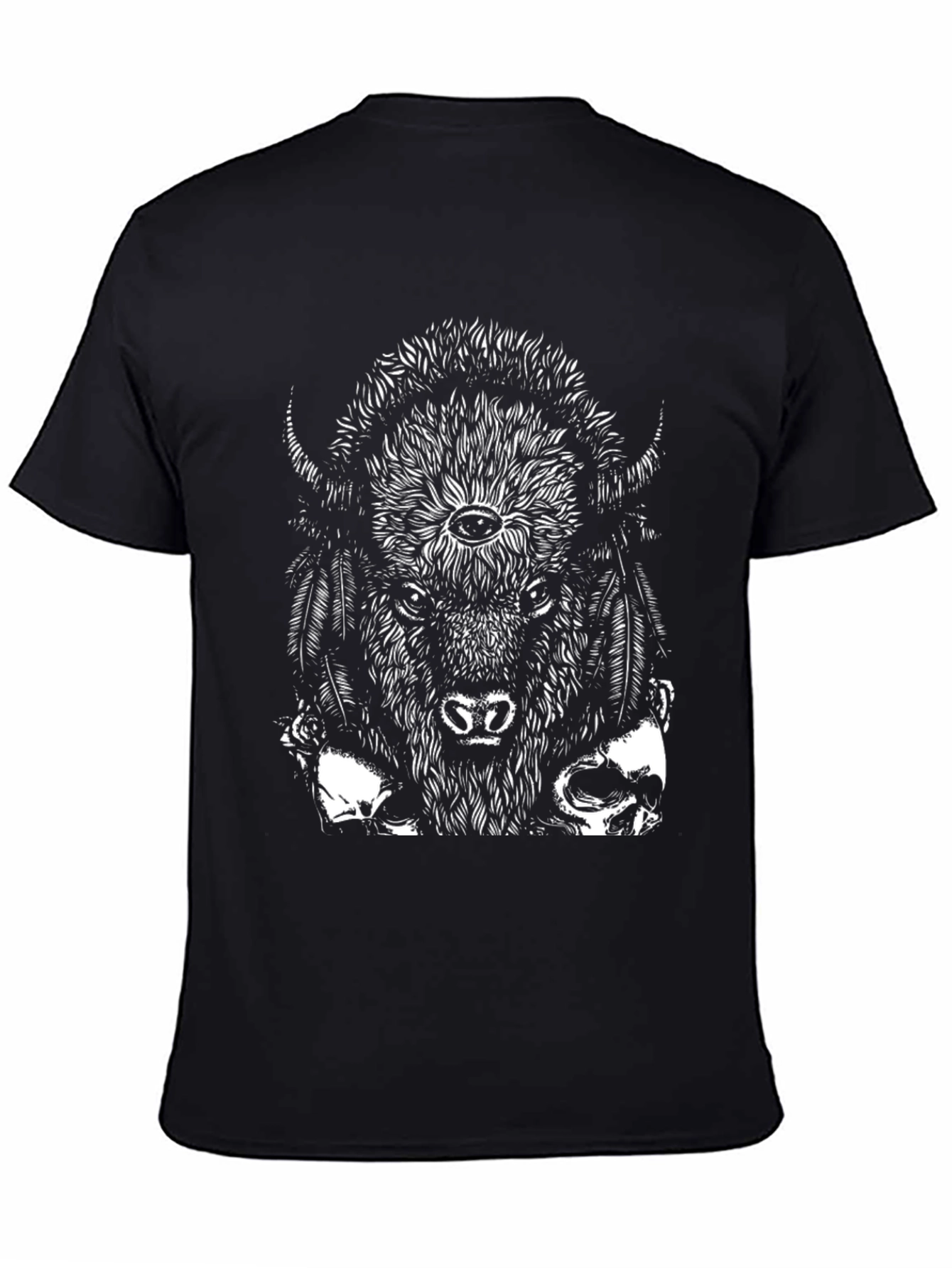 Bison Skull Graphic Tee - Black Cotton T-Shirt