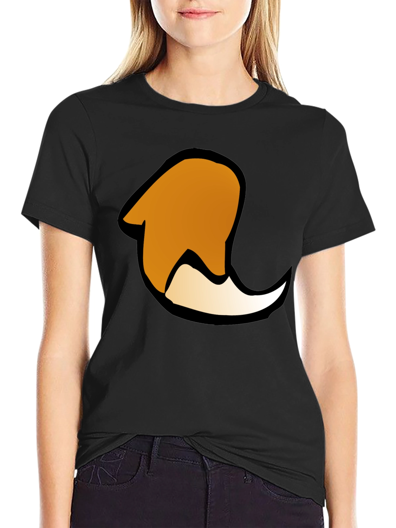 Cartoon Fox Tail Graphic Print Black T-Shirt