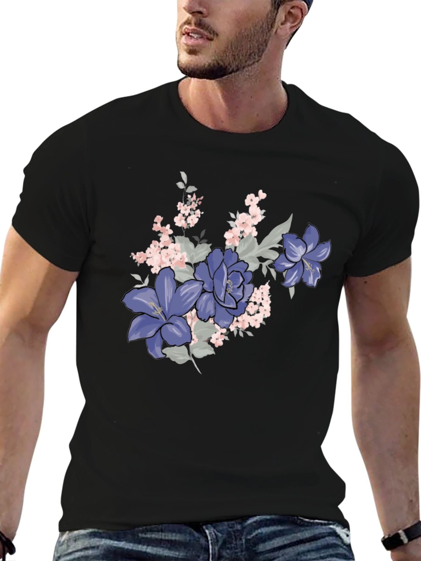 Floral T-Shirt - Black with Purple Flowers