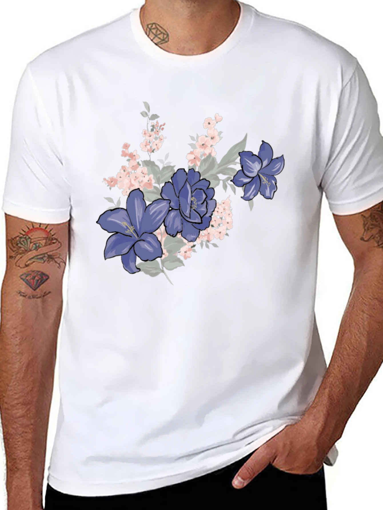 Floral T-Shirt - Black with Purple Flowers