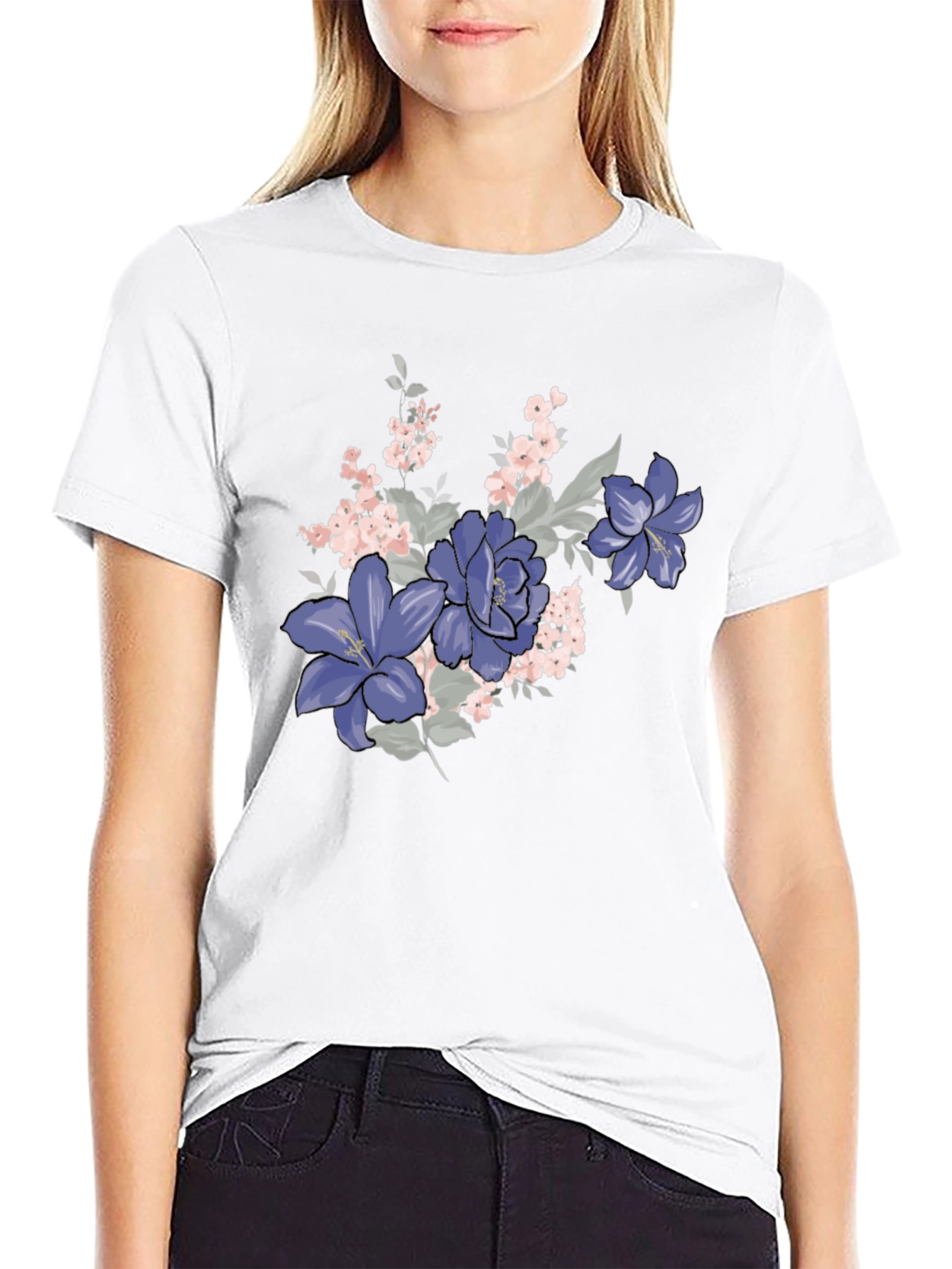 Floral T-Shirt - Black with Purple Flowers