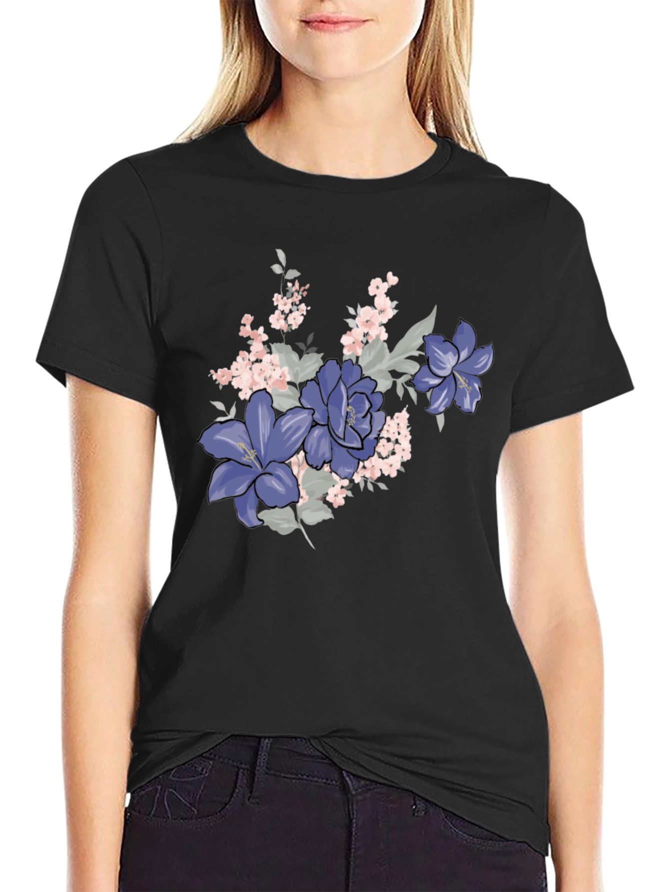 Floral T-Shirt - Black with Purple Flowers