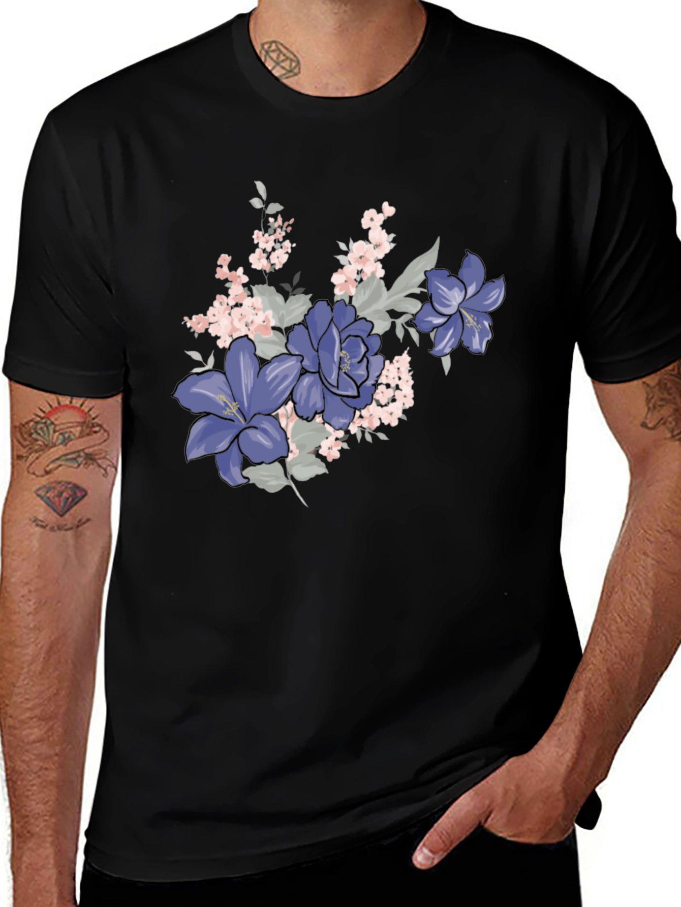 Floral T-Shirt - Black with Purple Flowers