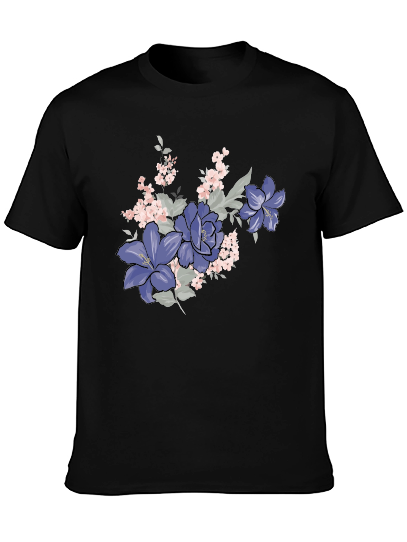 Floral T-Shirt - Black with Purple Flowers