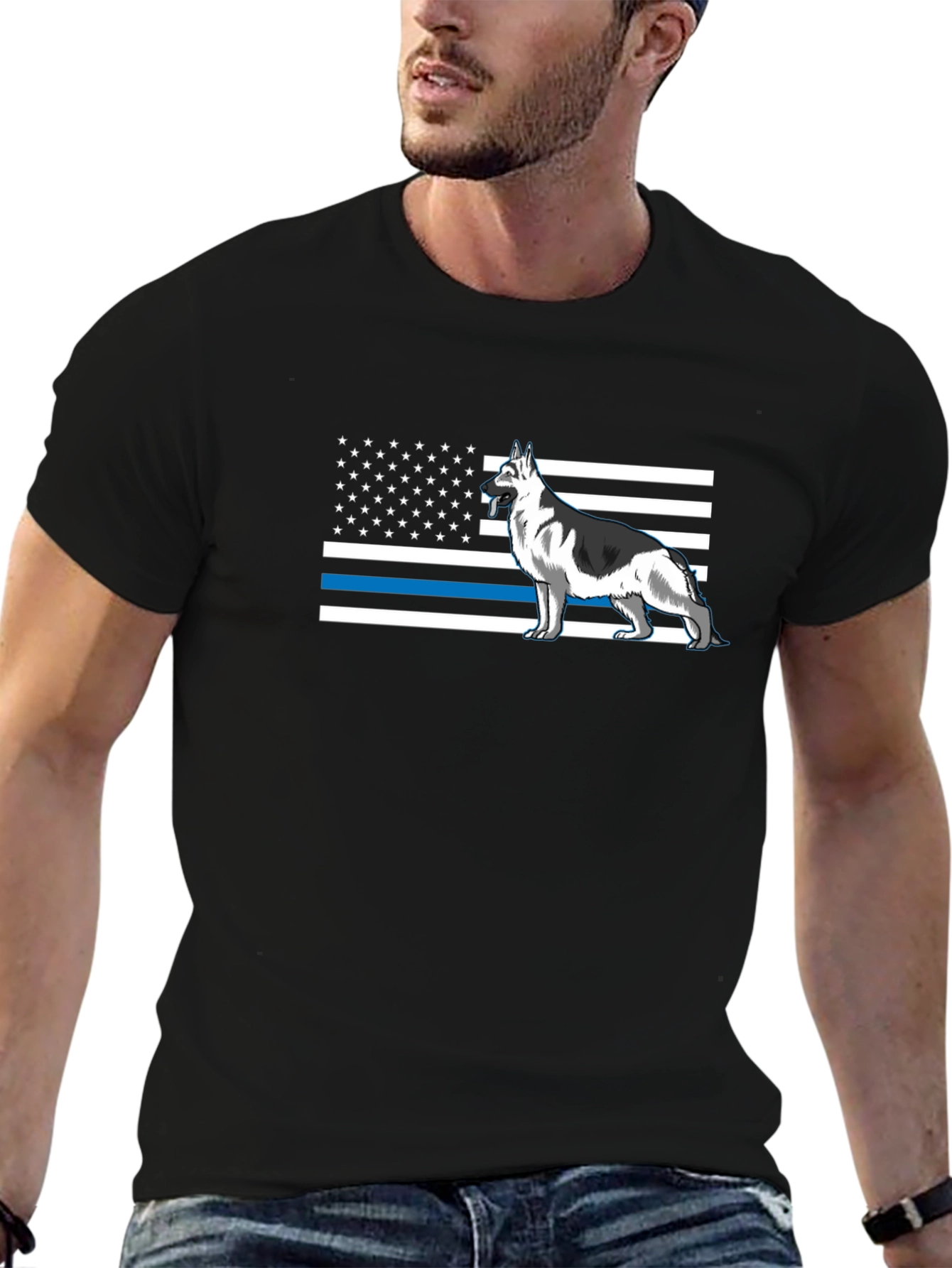 German Shepherd American Flag Thin Blue Line T-Shirt