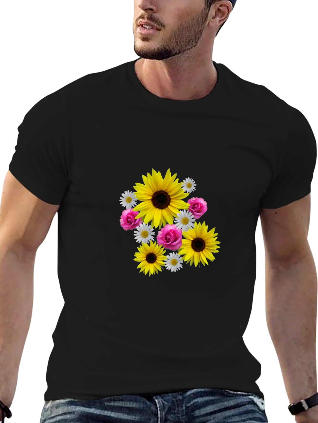Sunflower Floral Graphic Tee - Casual Black T-Shirt