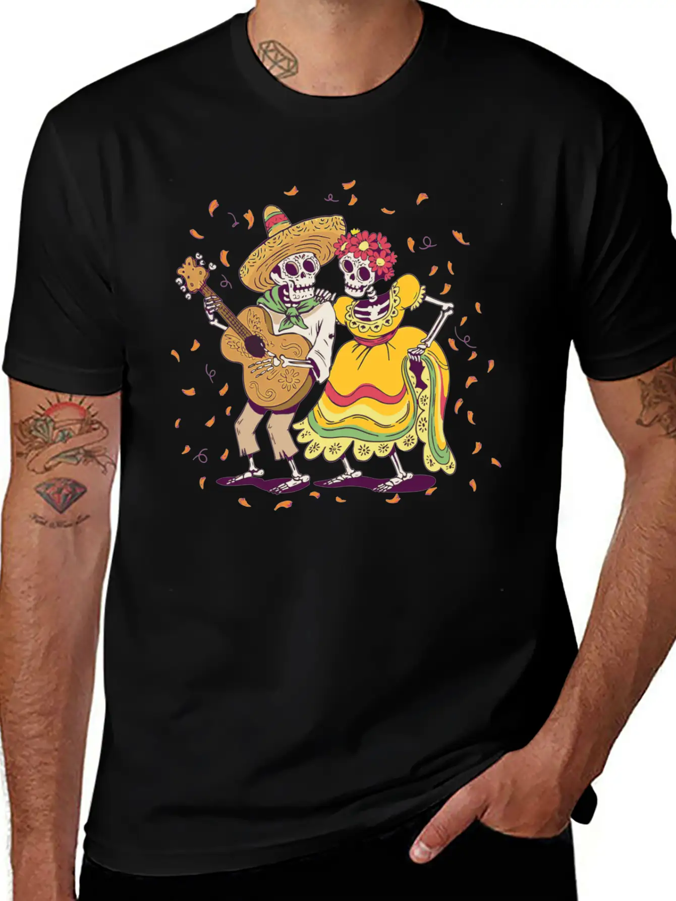 Day Of Dead Festival Flowers Skeleton Guitar Unisex Casual T-Shirt – Clean Design For Daily Comfort