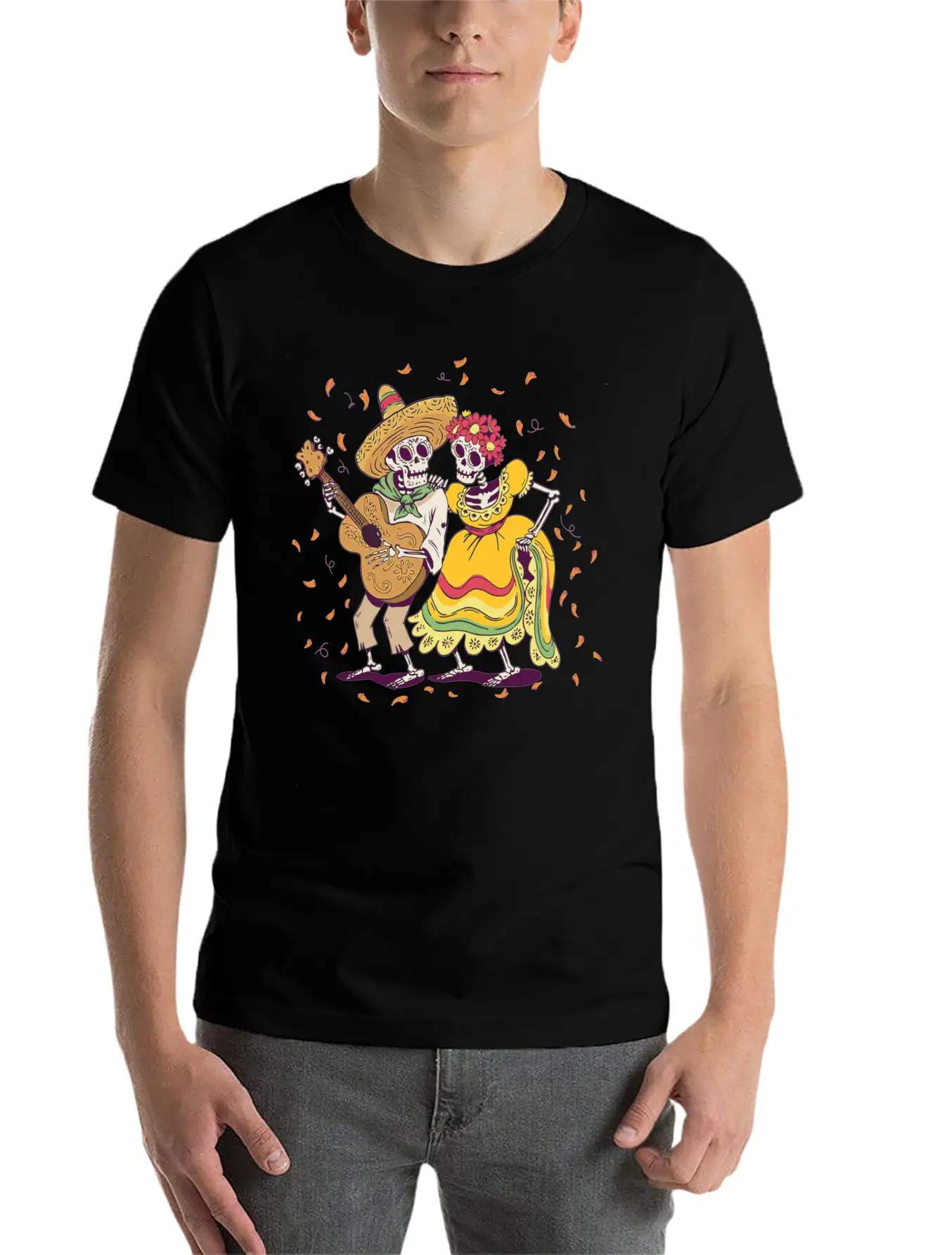 Day Of Dead Festival Flowers Skeleton Guitar Unisex Casual T-Shirt – Clean Design For Daily Comfort