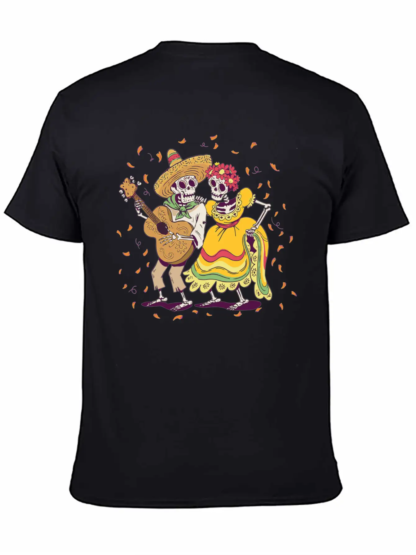 Day Of Dead Festival Flowers Skeleton Guitar Unisex Casual T-Shirt – Clean Design For Daily Comfort