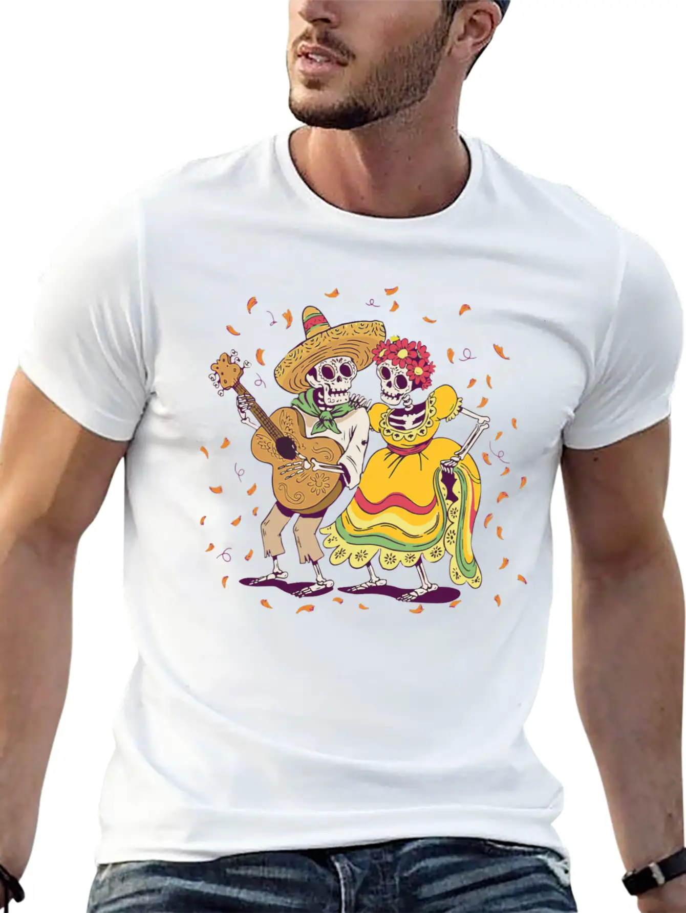 Day Of Dead Festival Flowers Skeleton Guitar Unisex Casual T-Shirt – Clean Design For Daily Comfort