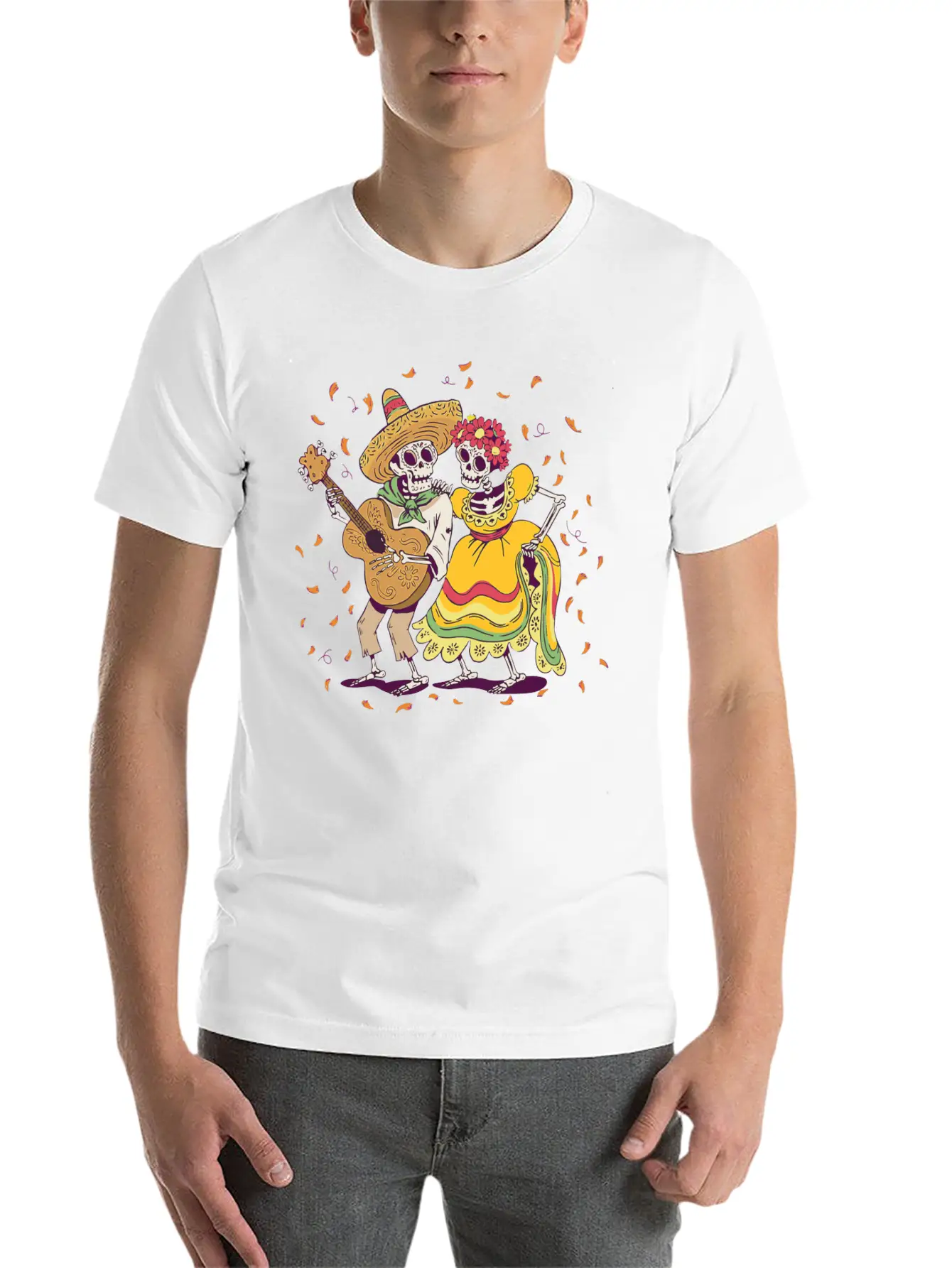 Day Of Dead Festival Flowers Skeleton Guitar Unisex Casual T-Shirt – Clean Design For Daily Comfort