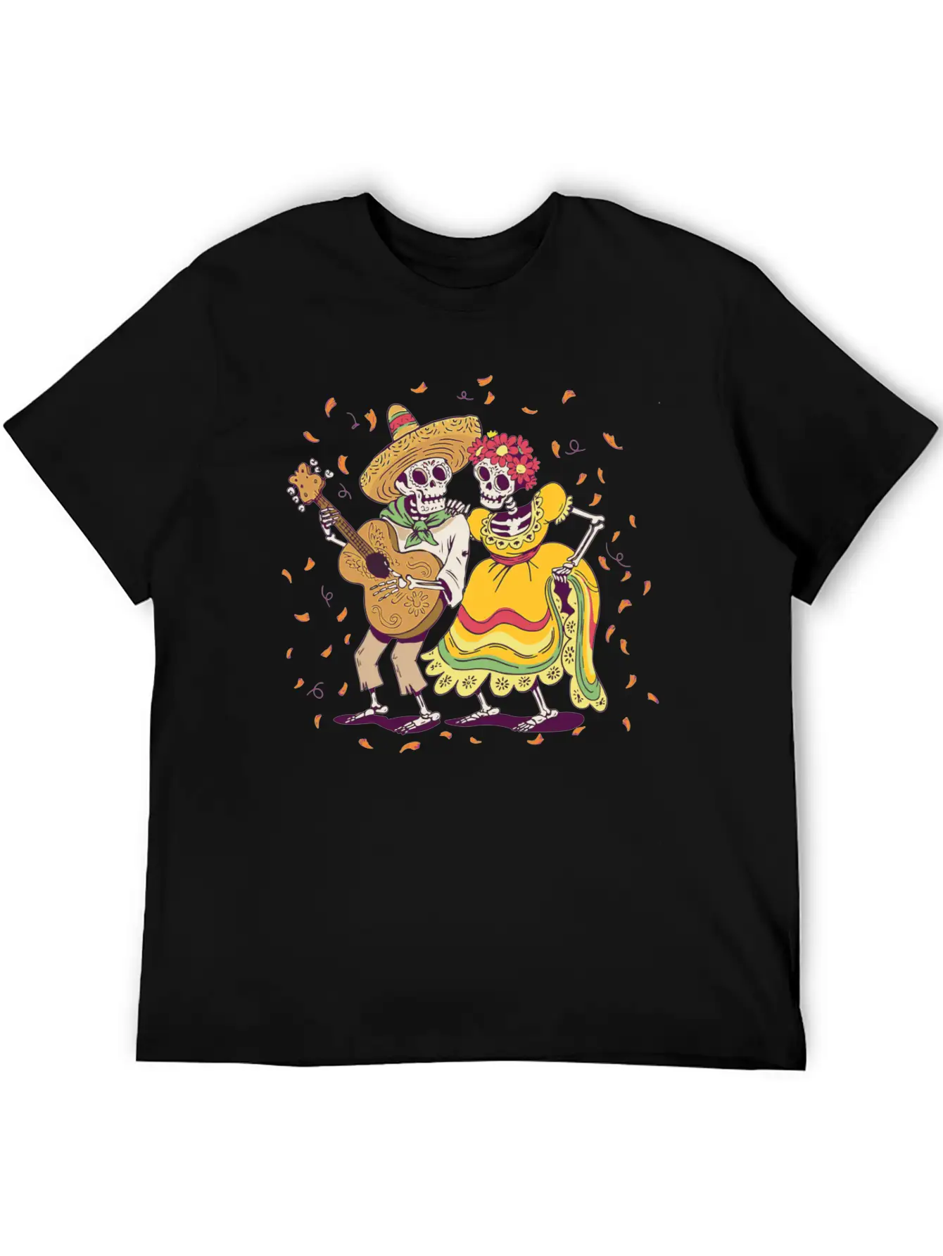 Day Of Dead Festival Flowers Skeleton Guitar Unisex Casual T-Shirt – Clean Design For Daily Comfort