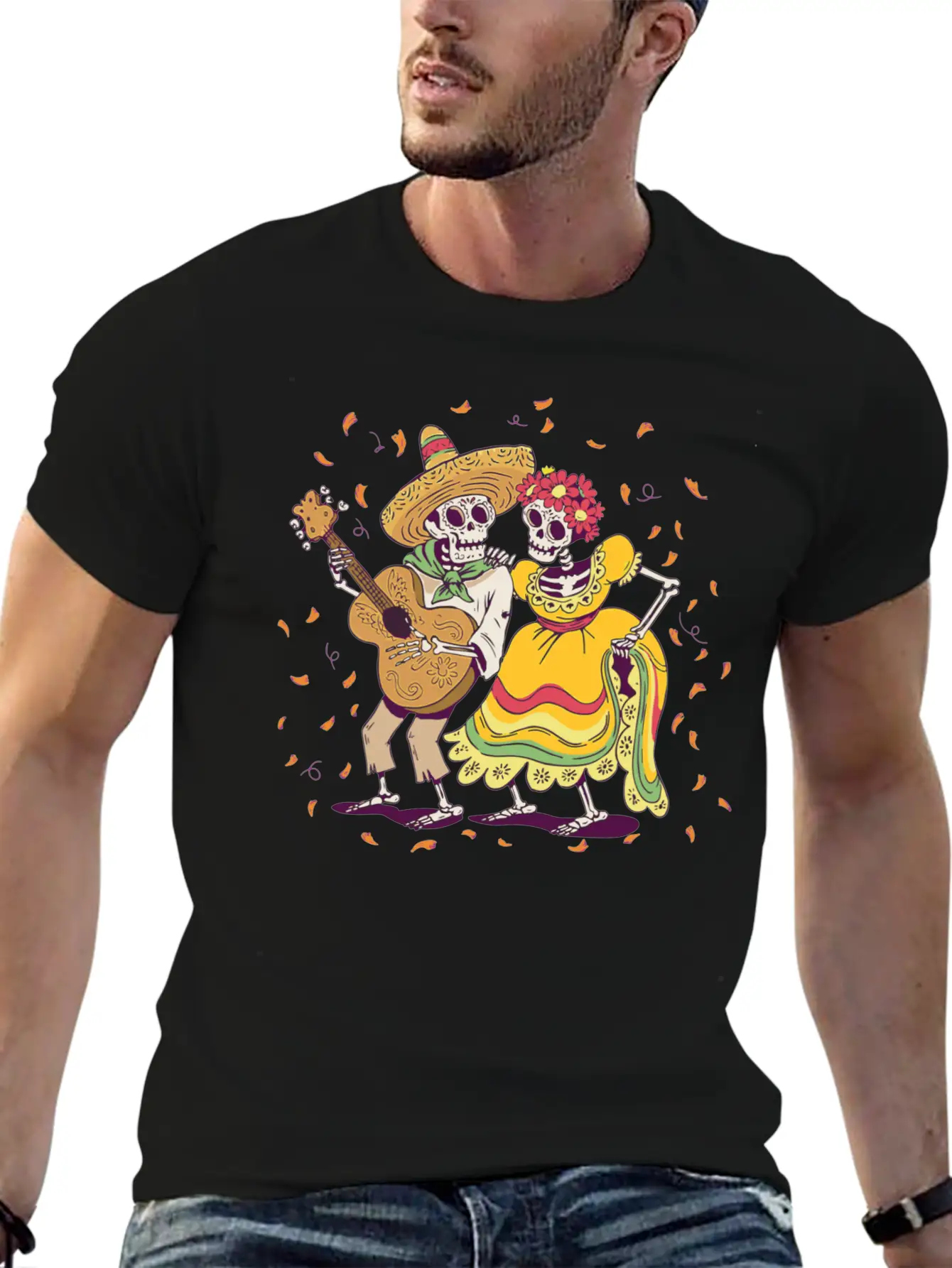 Day Of Dead Festival Flowers Skeleton Guitar Unisex Casual T-Shirt – Clean Design For Daily Comfort