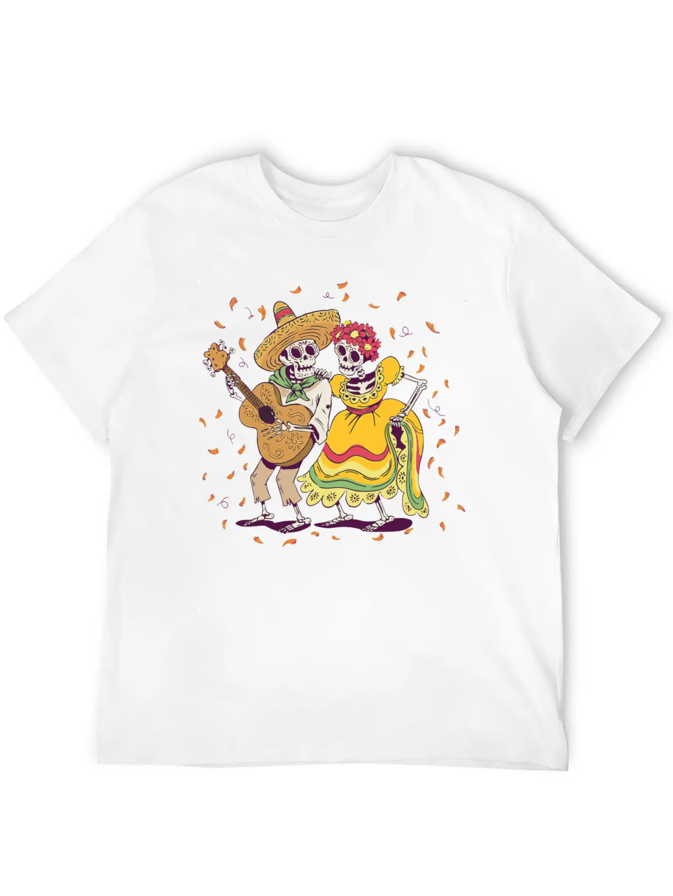Day Of Dead Festival Flowers Skeleton Guitar Unisex Casual T-Shirt – Clean Design For Daily Comfort
