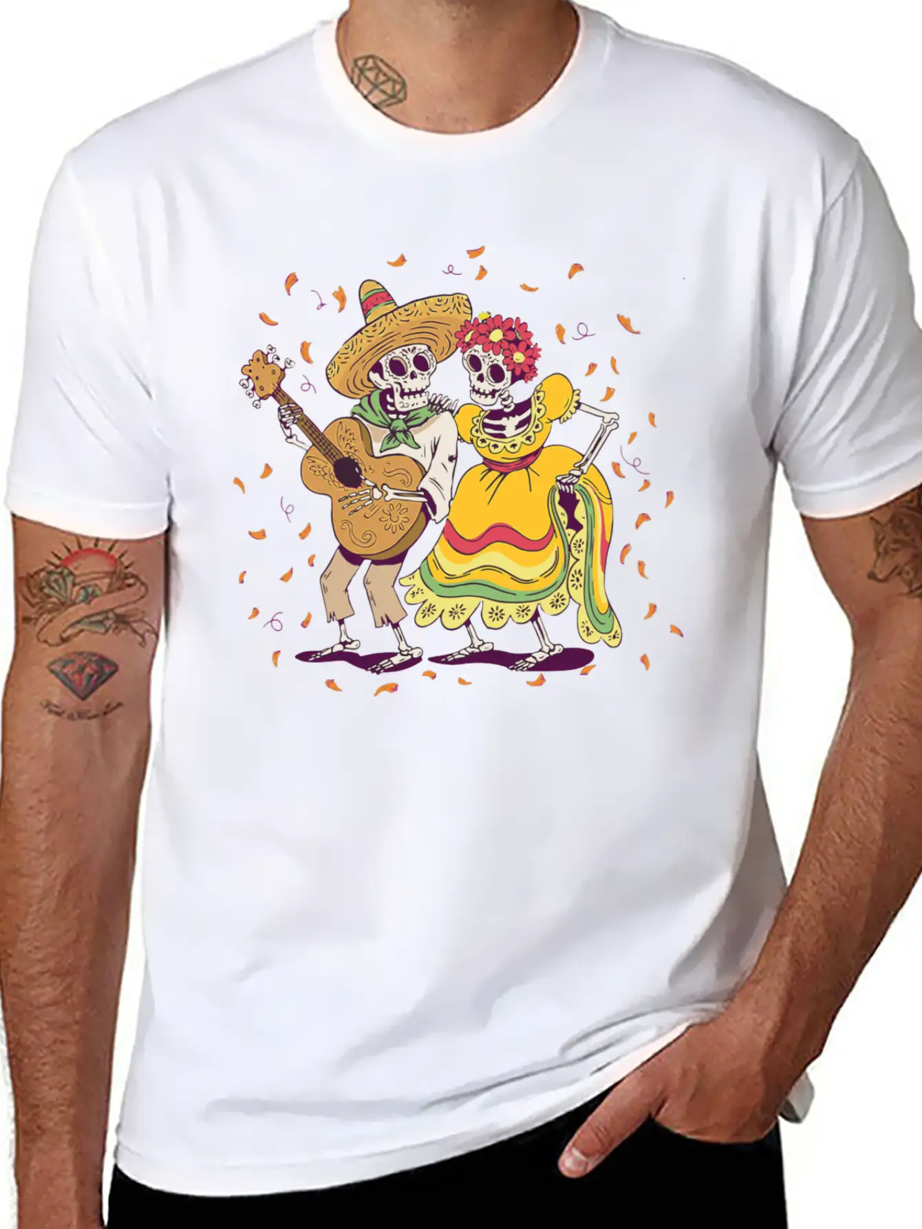 Day Of Dead Festival Flowers Skeleton Guitar Unisex Casual T-Shirt – Clean Design For Daily Comfort